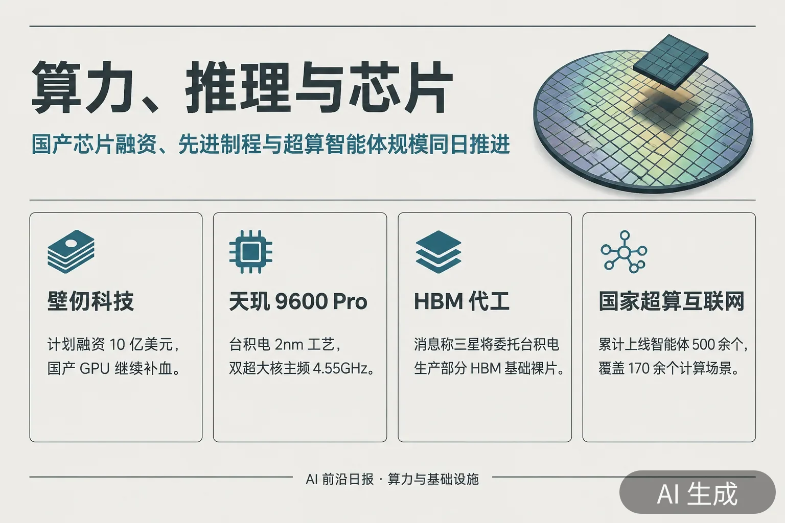 信息图:算力、推理与芯片——壁仞科技融资、联发科天玑 9600 Pro、HBM 代工与超算互联网智能体规模(AI 生成图,文字为当日报道要点)