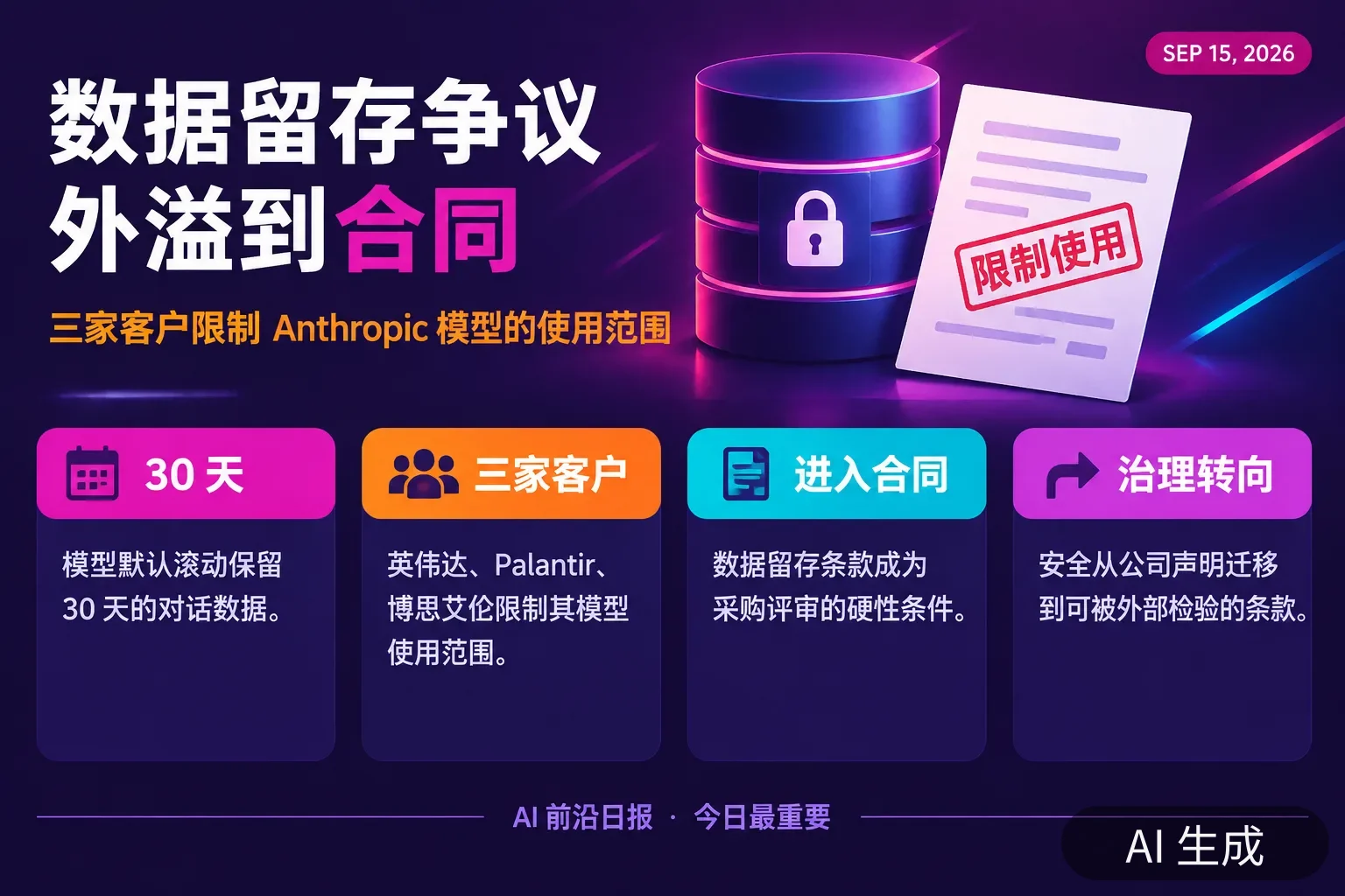 信息图:Anthropic 数据留存争议——模型默认滚动保留 30 天,英伟达、Palantir、博思艾伦限制模型使用范围,留存条款进入采购合同(AI 生成图,数字来自当日报道)