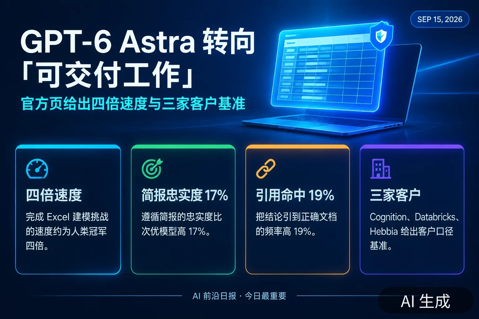 信息图:GPT-6 Astra 面向工作专题——四倍 Excel 建模速度、简报忠实度高 17%、引用命中高 19%,以及 Cognition、Databricks、Hebbia 三家客户基准(AI 生成图,数字来自 OpenAI 官方页面)
