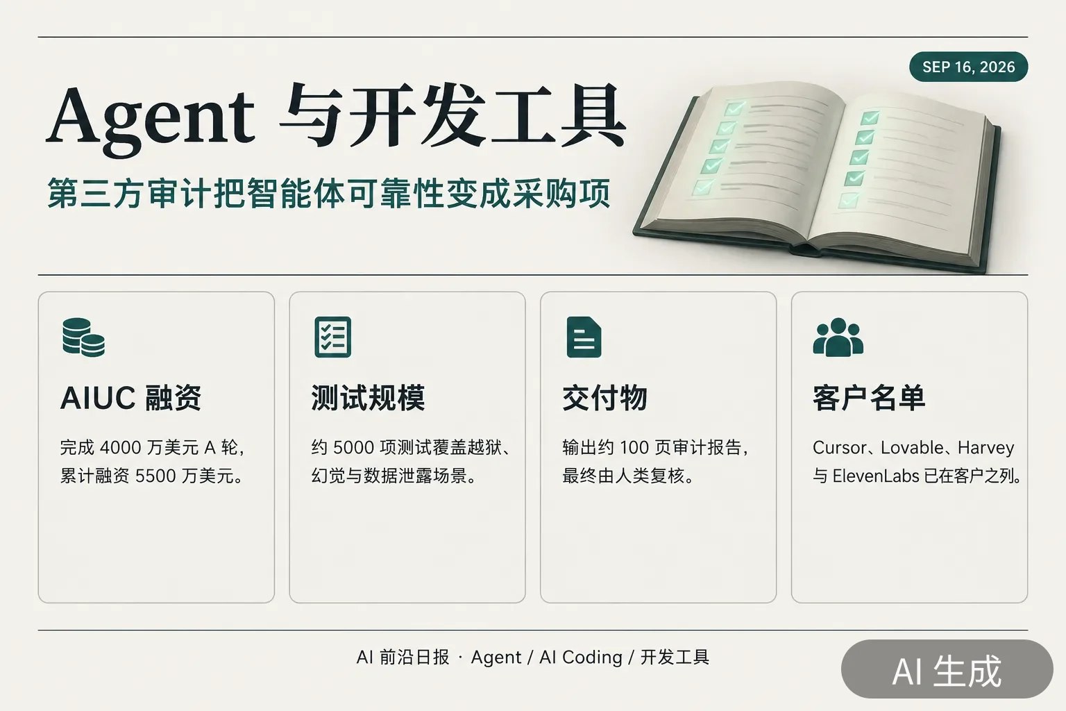 信息图：Agent 与开发工具当日要点——AIUC 4000 万美元 A 轮、约 5000 项智能体测试、约 100 页审计报告、客户覆盖 Cursor 与 Lovable 等四家（AI 生成图，文字为当日报道要点）