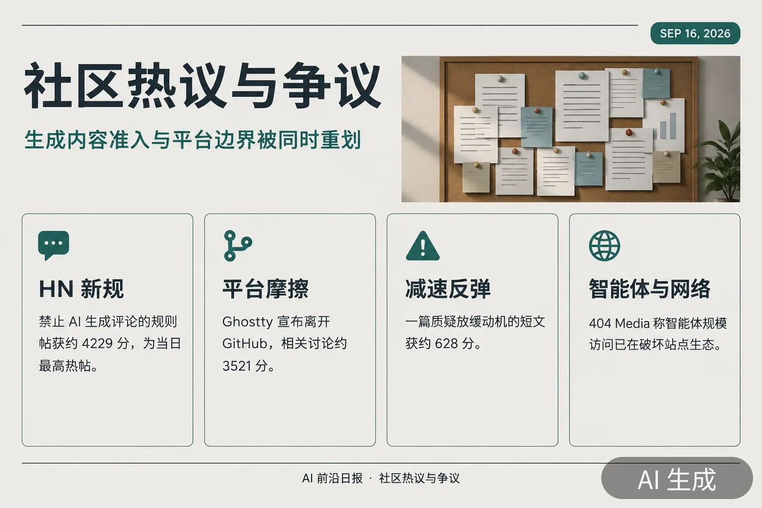 信息图：社区热议当日四条——HN 新规热帖 4229 分、Ghostty 离开 GitHub 3521 分、Dario Please 628 分、404 Media 称智能体已在大规模改变互联网（AI 生成图，文字为当日报道要点）