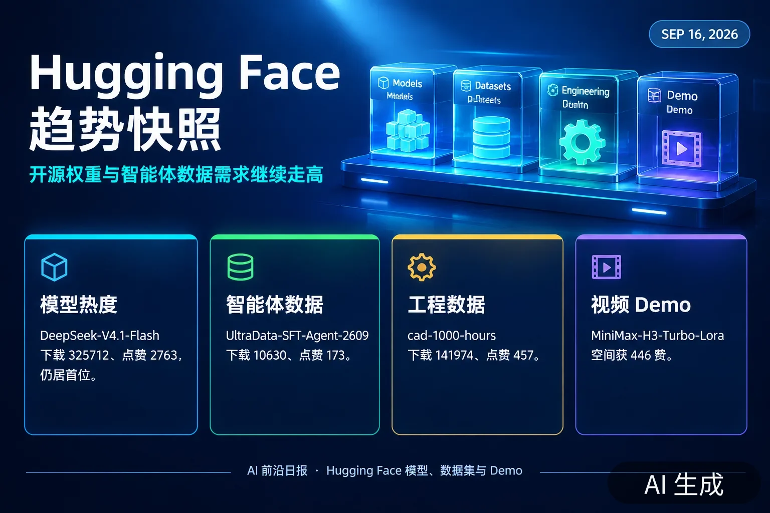 信息图：Hugging Face 趋势快照——DeepSeek V4.1 Flash 下载 325712、UltraData-SFT-Agent-2609 下载 10630、cad-1000-hours 下载 141974、MiniMax-H3-Turbo-Lora 446 赞（AI 生成图，文字为当日报道要点）