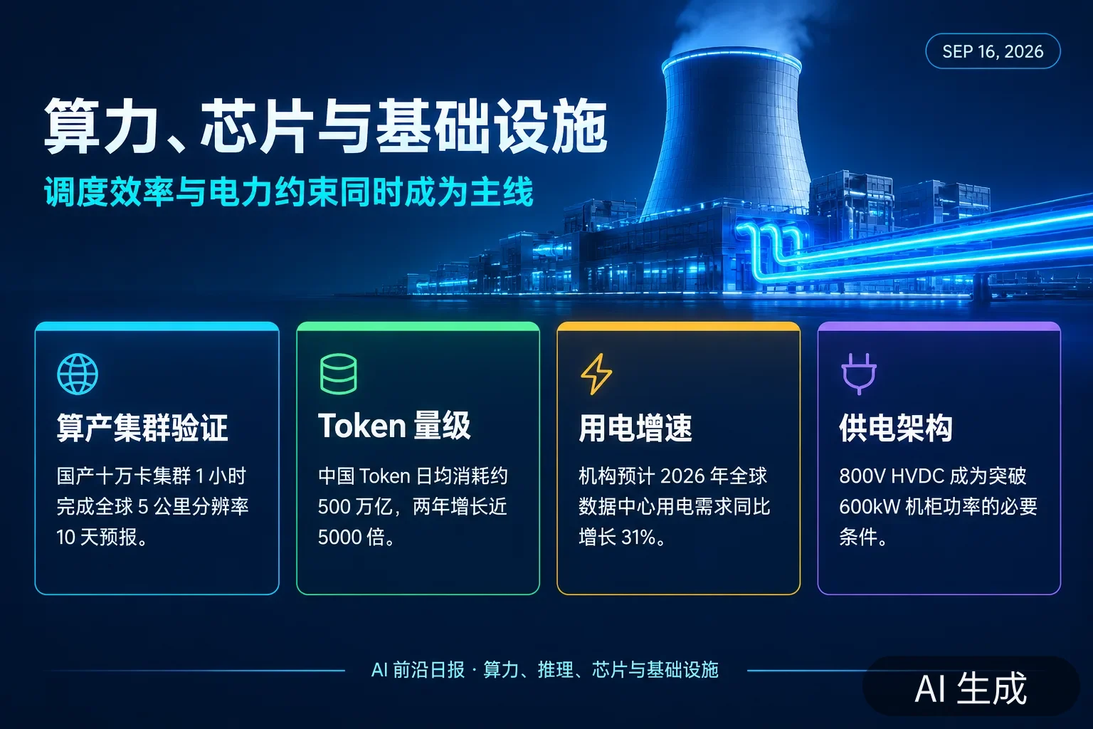 信息图：算力与基础设施当日数字——1 小时完成全球 5 公里分辨率 10 天预报、中国 Token 日均约 500 万亿、全球数据中心用电预计增长 31%、800V HVDC 成为突破 600kW 的必要条件（AI 生成图，文字为当日报道要点）