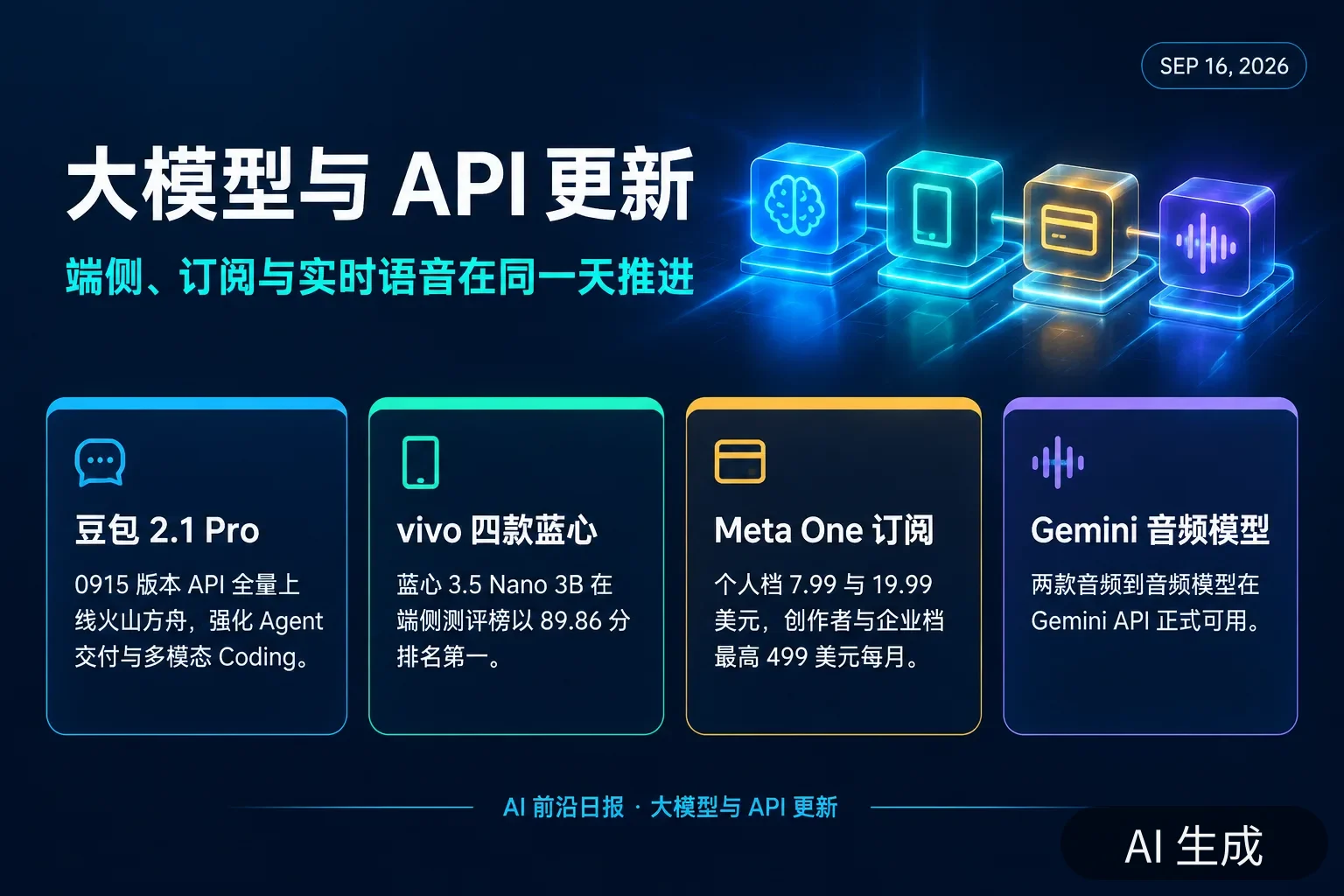 信息图：9 月 16 日大模型与 API 侧的四条更新——豆包 2.1 Pro 0915 版本、vivo 四款蓝心大模型、Meta One 订阅 7.99–499 美元、Gemini 两款音频模型 GA（AI 生成图，文字为当日报道要点）