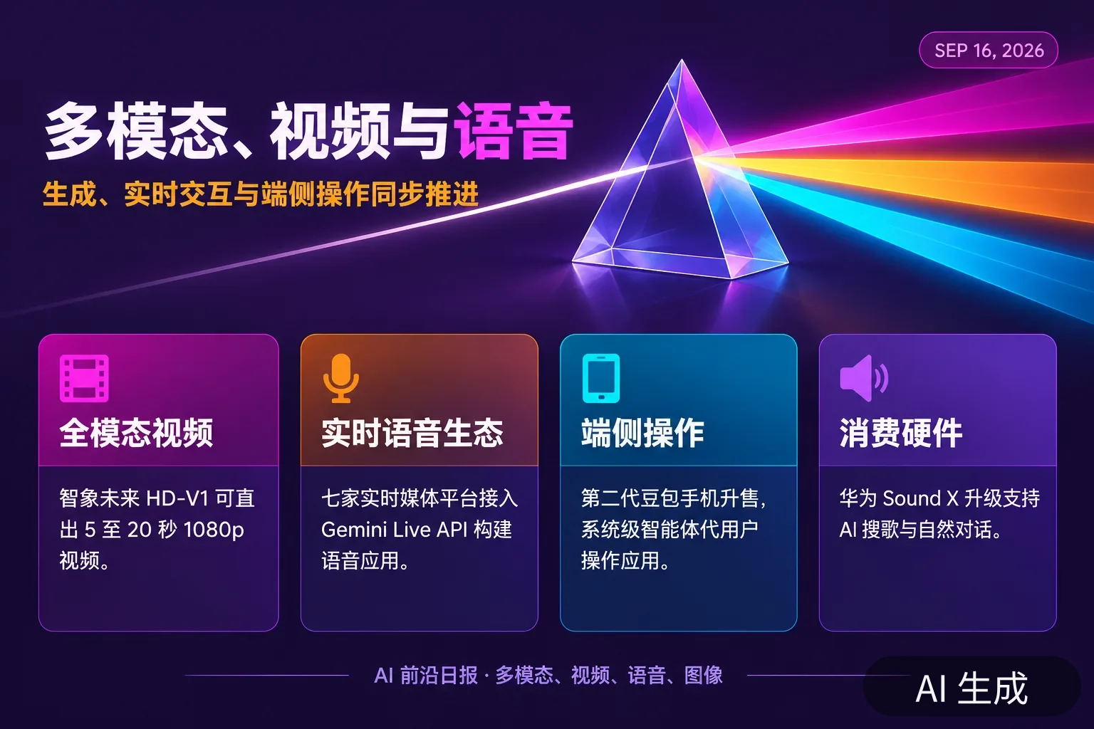 信息图：多模态与语音当日要点——HD-V1 直出 5–20 秒 1080p 视频、Gemini Live 集成 7 家实时媒体厂商、豆包手机开售、Sound X 升级支持 AI 搜歌（AI 生成图，文字为当日报道要点）