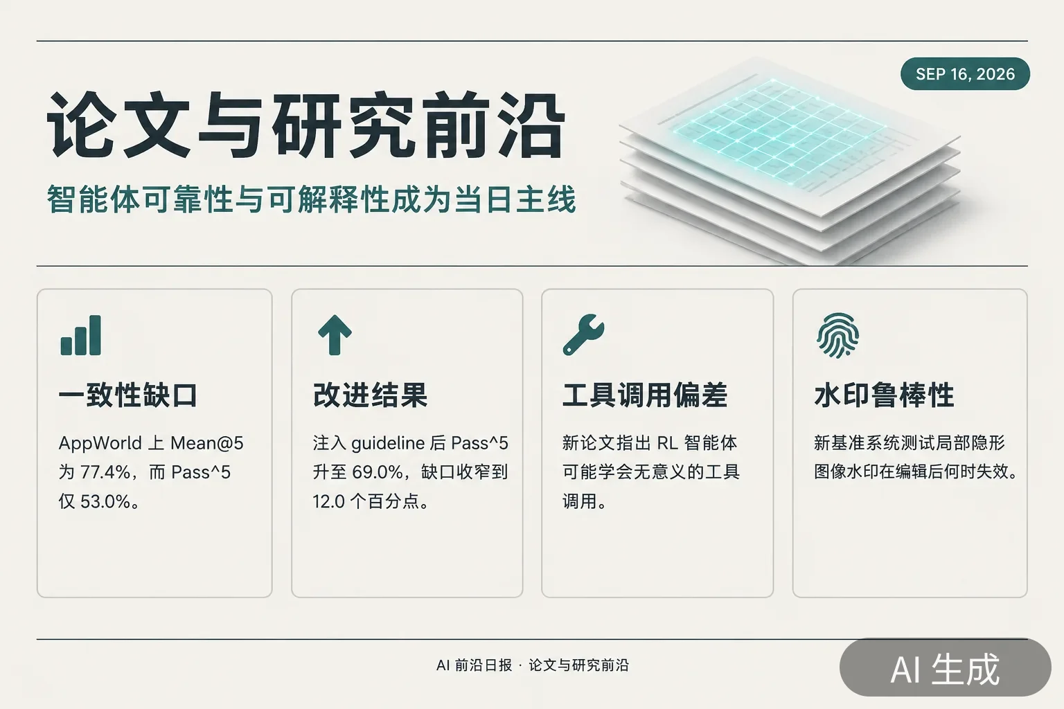 信息图：论文与研究前沿当日四条主线——HF 论文榜 09-16 批次、智能体一致性缺口从 24.4 收窄到 12.0 个百分点、无意义工具调用、隐形水印鲁棒性基准（AI 生成图，文字为当日报道要点）