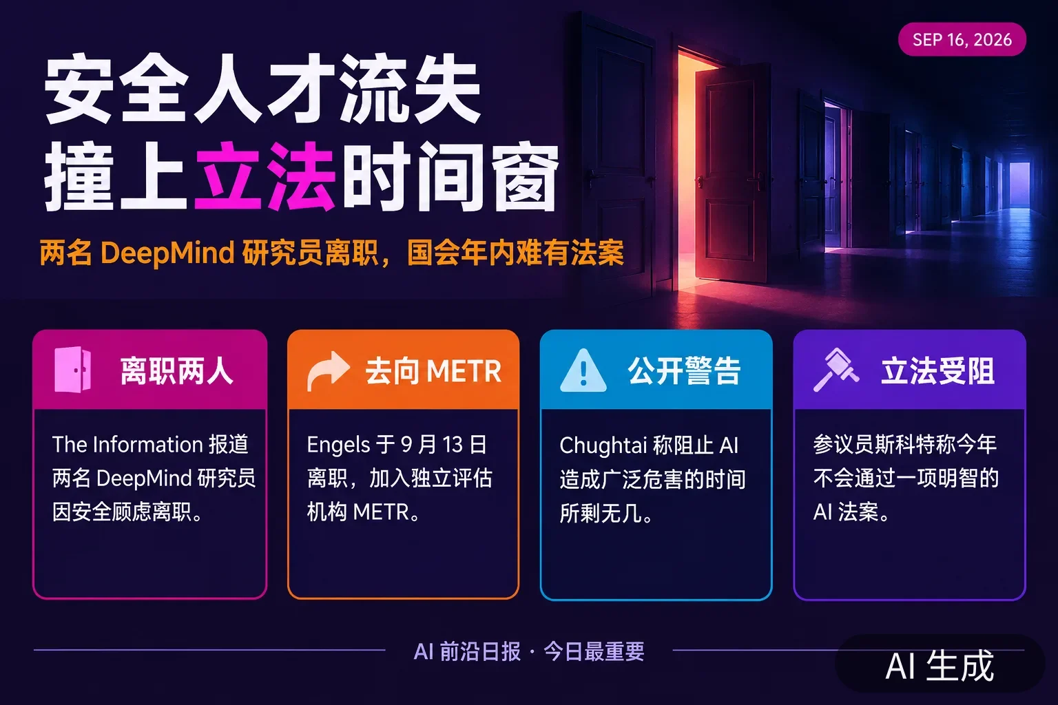 信息图：安全人才外流与立法时间窗——两名 DeepMind 研究员离职、Engels 加入 METR、Hubinger 称灭绝概率超 10%、国会年内难通过法案（AI 生成图，文字为当日报道要点）