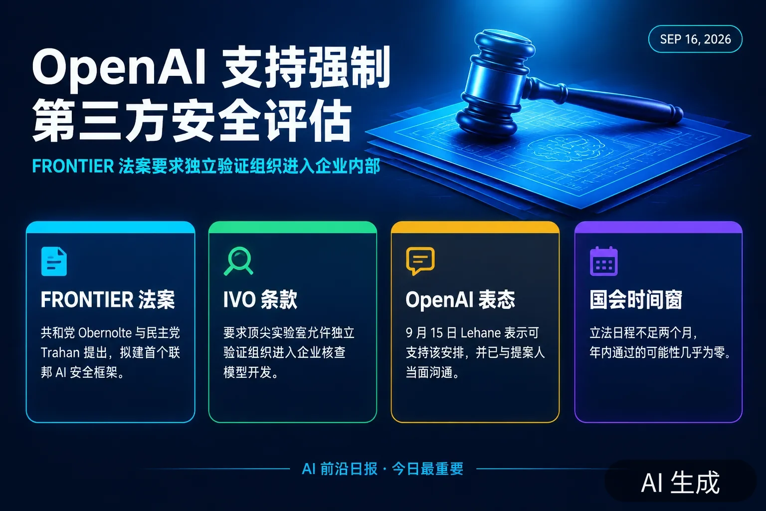 信息图：OpenAI 支持 FRONTIER 法案关键条款——法案拟建首个联邦 AI 安全框架、要求独立验证组织进入企业、Lehane 9 月 15 日表态支持、国会立法日程不足两个月（AI 生成图，文字为当日报道要点）