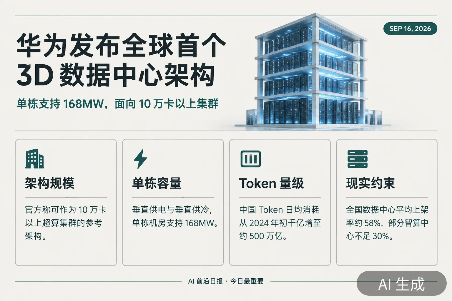 信息图：华为 3D 数据中心与算力现实——单栋支持 168MW、面向 10 万卡以上集群、Token 日均约 500 万亿、全国平均上架率 58%（AI 生成图，文字为当日报道要点）