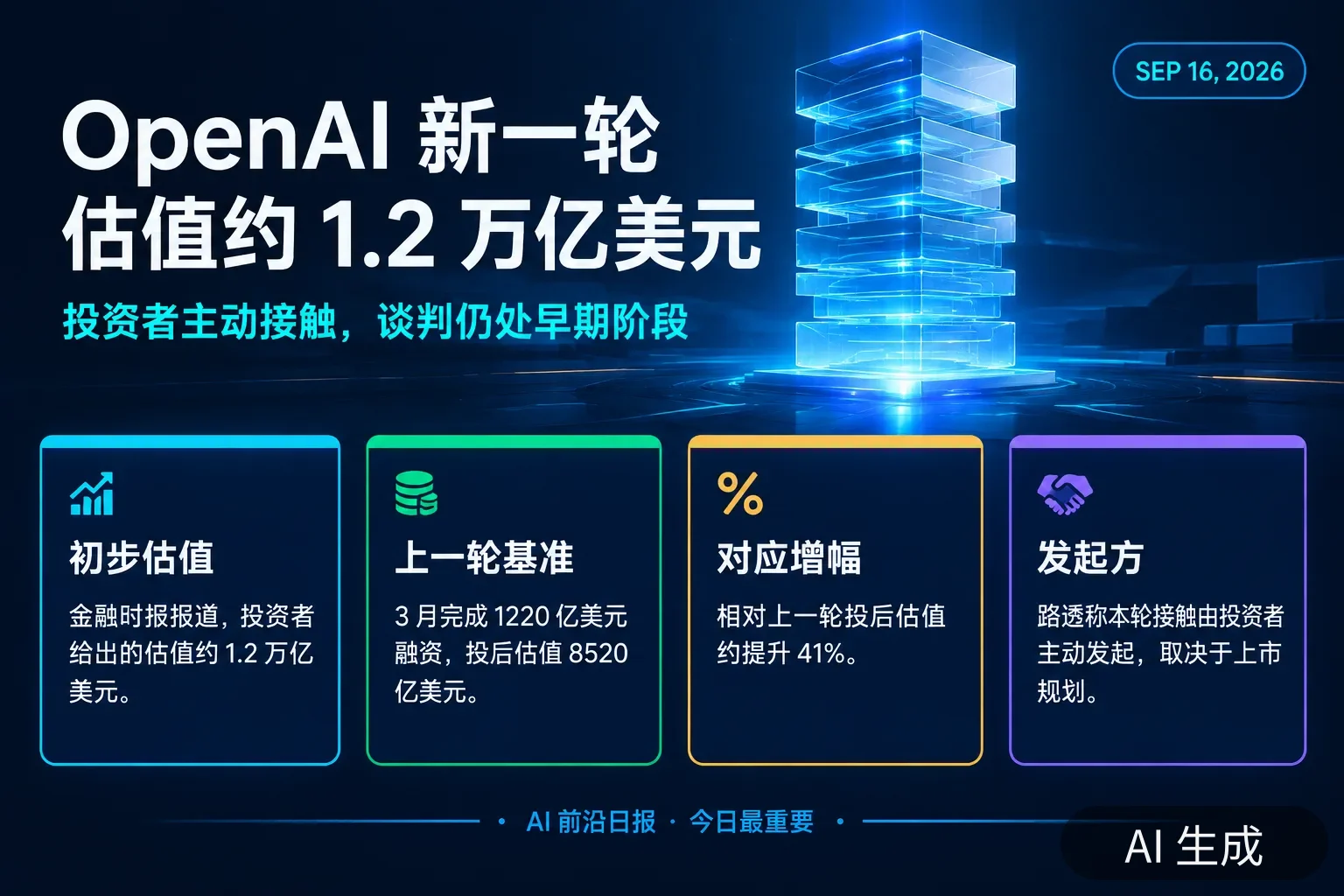 信息图：OpenAI 新一轮融资谈判——约 1.2 万亿美元初步估值、上一轮投后 8520 亿美元、对应约 41% 增幅、谈判由投资者主动发起（AI 生成图，文字为当日报道要点）