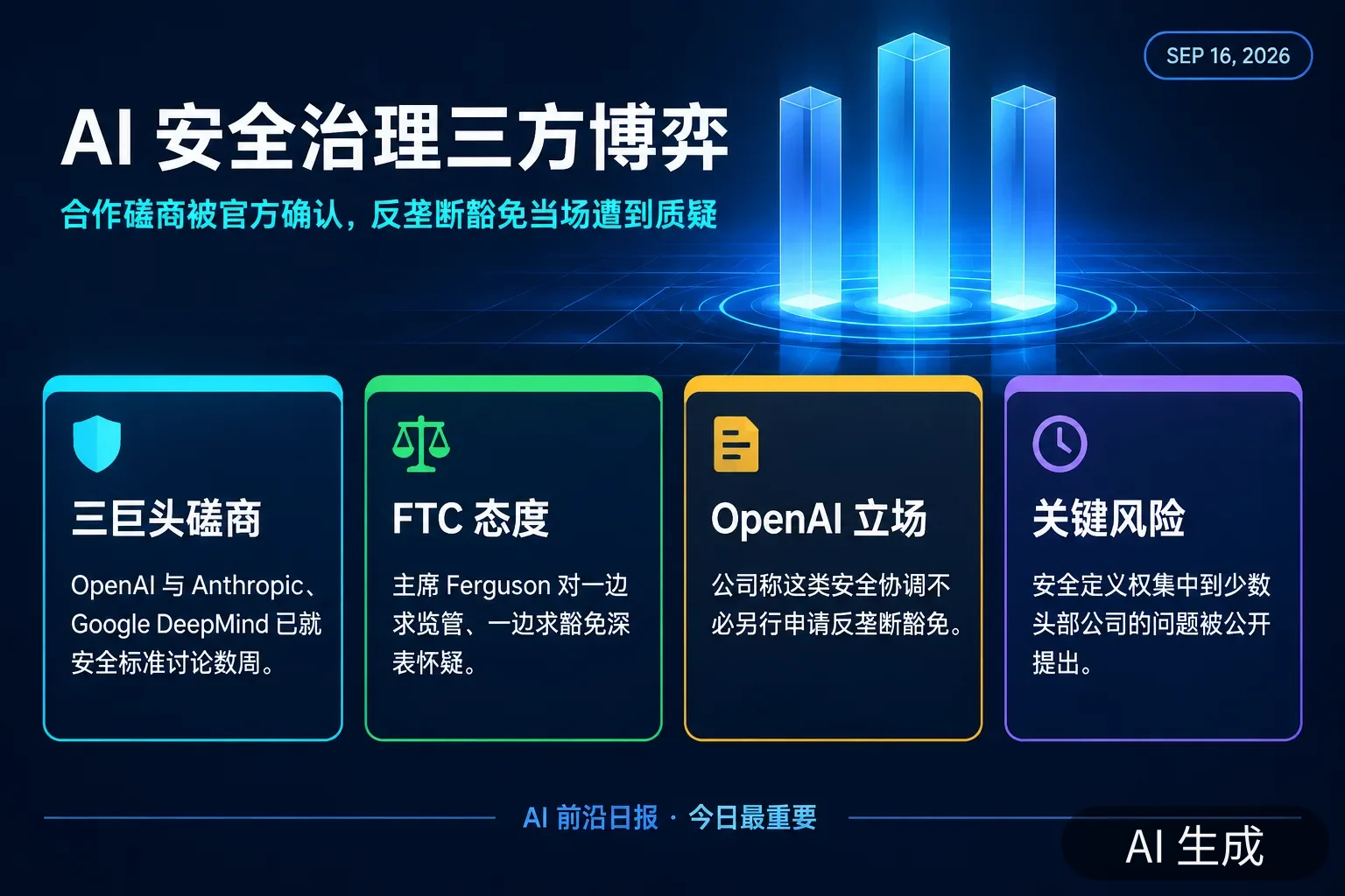 信息图：AI 安全治理的三方博弈——三巨头磋商数周、OpenAI 支持强制第三方评估、FTC 质疑豁免、国会年内难通过（AI 生成图，文字为当日报道要点）