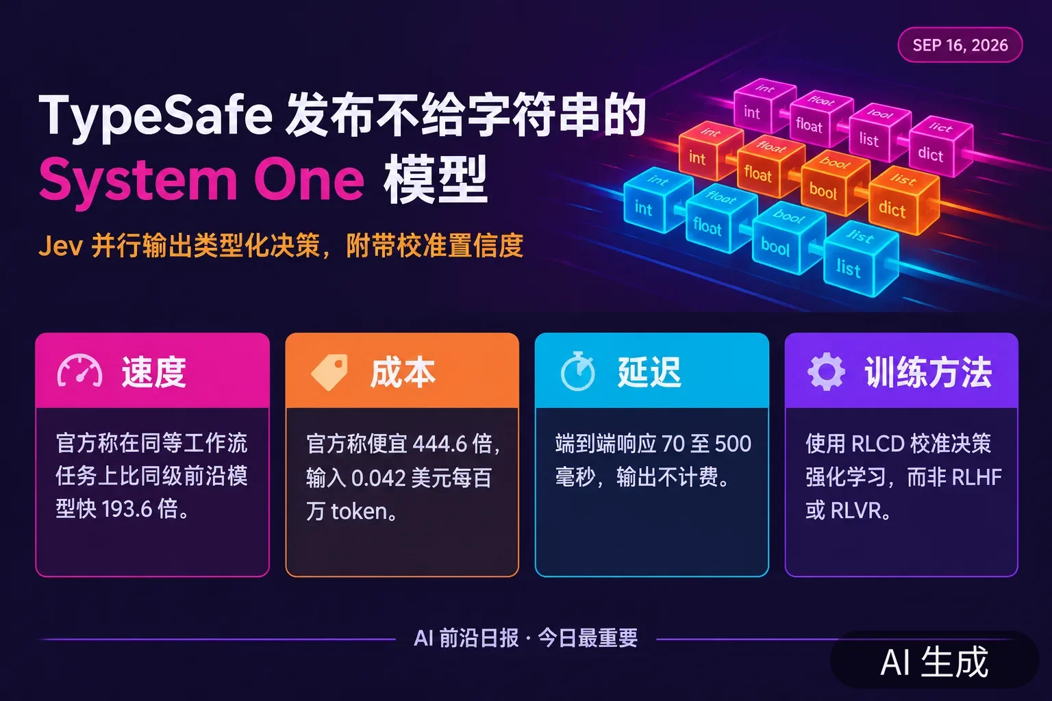 信息图：TypeSafe System One 与 Jev 的核心数字——比同级前沿模型快 193.6 倍、便宜 444.6 倍、输入 0.042 美元/百万 token、响应 70–500 毫秒（AI 生成图，文字为当日报道要点）