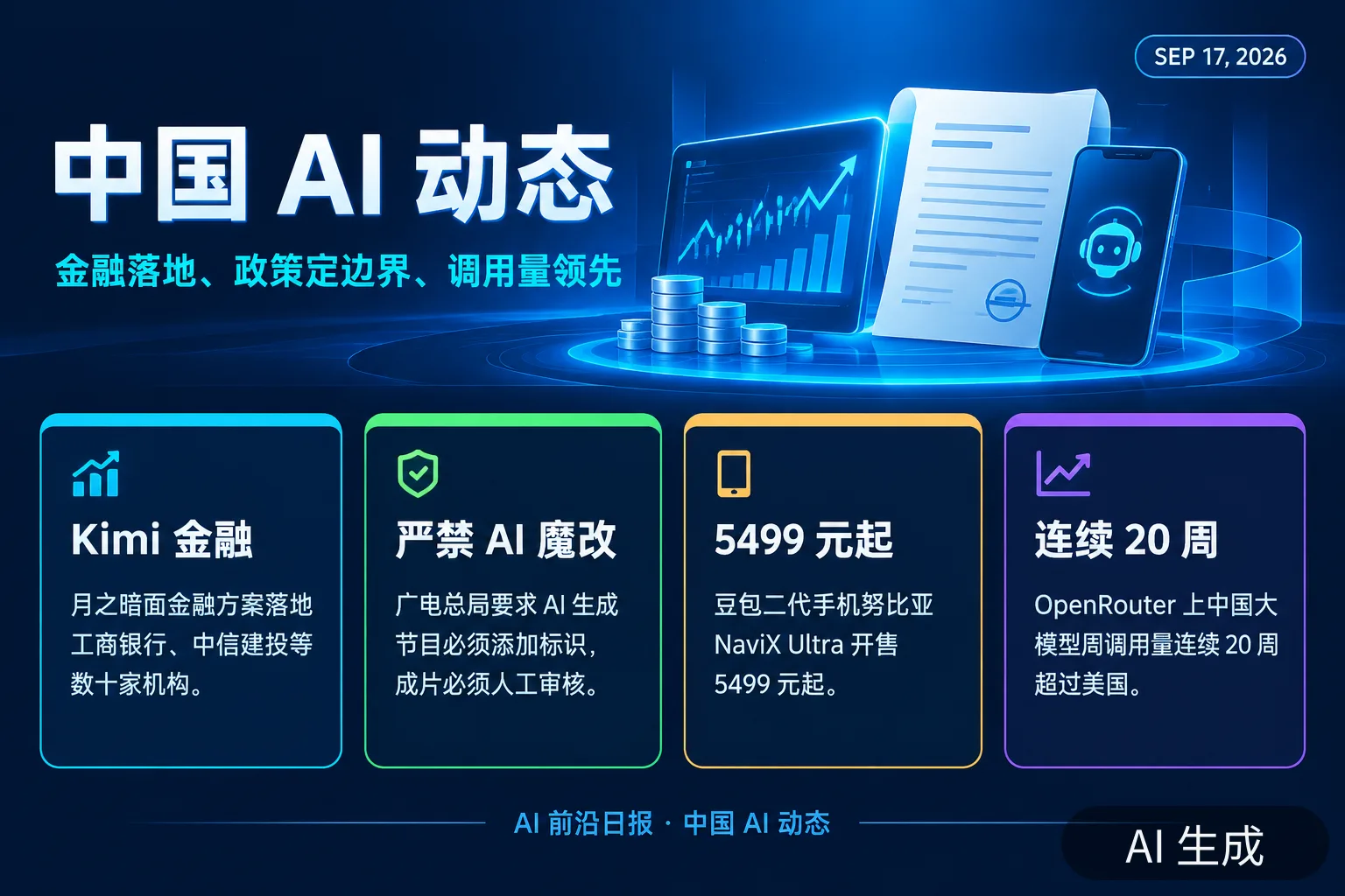 信息图：中国 AI 动态——金融落地、政策定边界、调用量领先（AI 生成图，文字为当日报道要点）