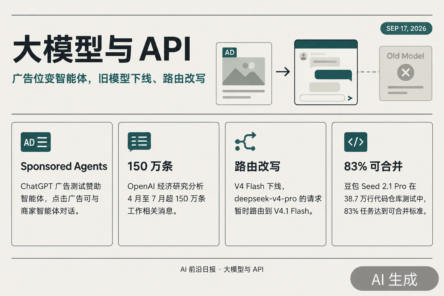 信息图：大模型与 API——广告位变智能体，旧模型下线、路由改写（AI 生成图，文字为当日报道要点）