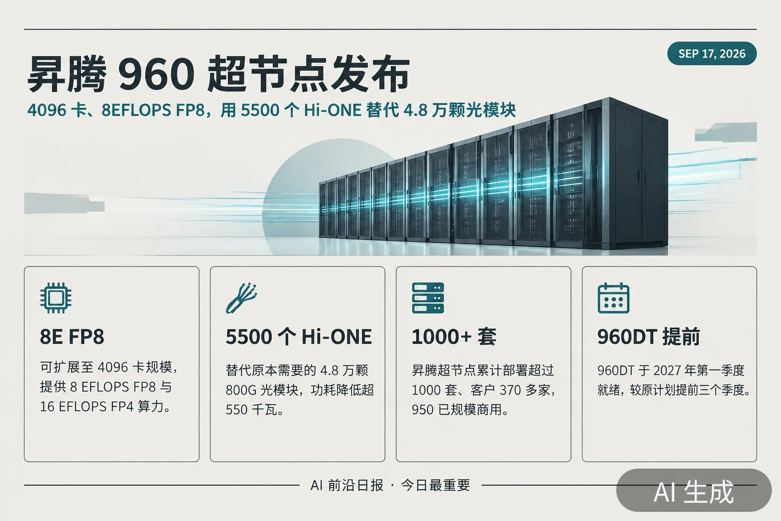 信息图：昇腾 960 超节点发布——4096 卡、8EFLOPS FP8，用 5500 个 Hi-ONE 替代 4.8 万颗光模块（AI 生成图，文字为当日报道要点）