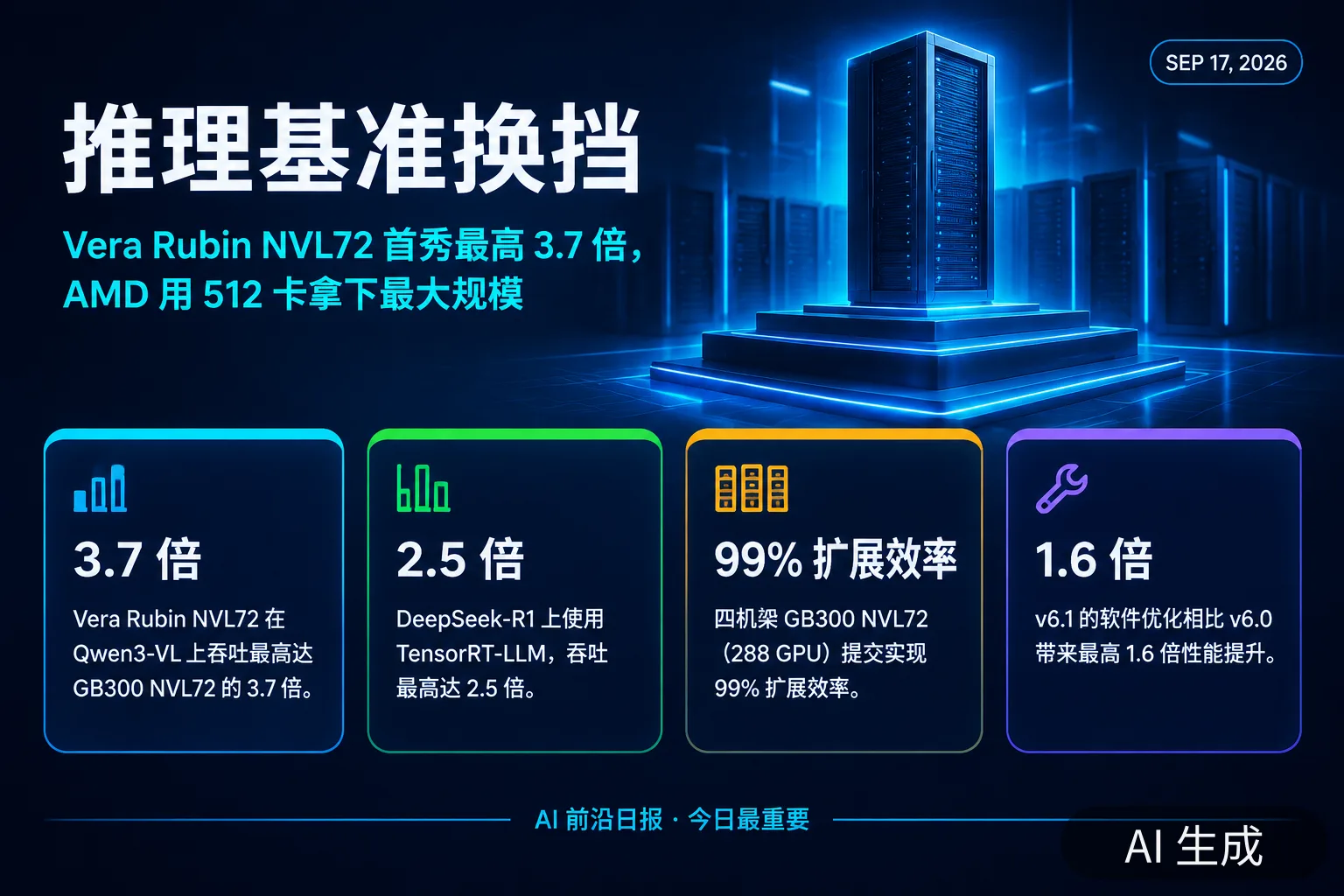 信息图：推理基准换挡——Vera Rubin NVL72 首秀最高 3.7 倍，AMD 用 512 卡拿下最大规模（AI 生成图，文字为当日报道要点）