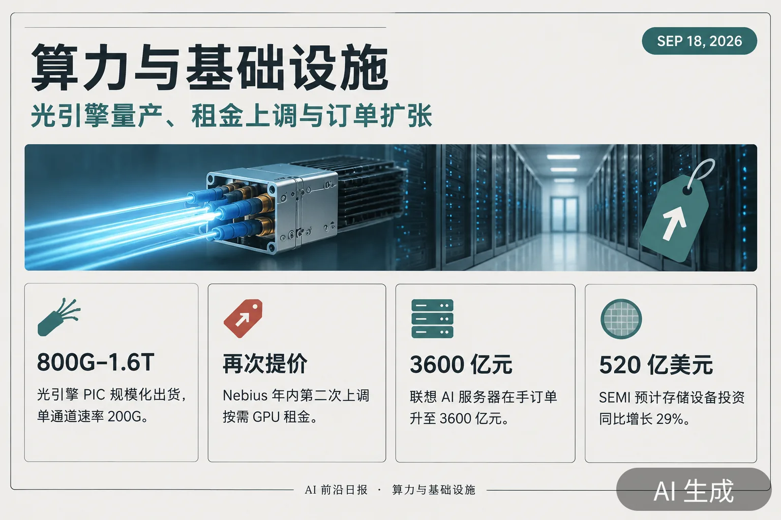 信息图:算力与基础设施——光引擎量产、租金上调与订单扩张(AI 生成图,文字为当日报道要点)