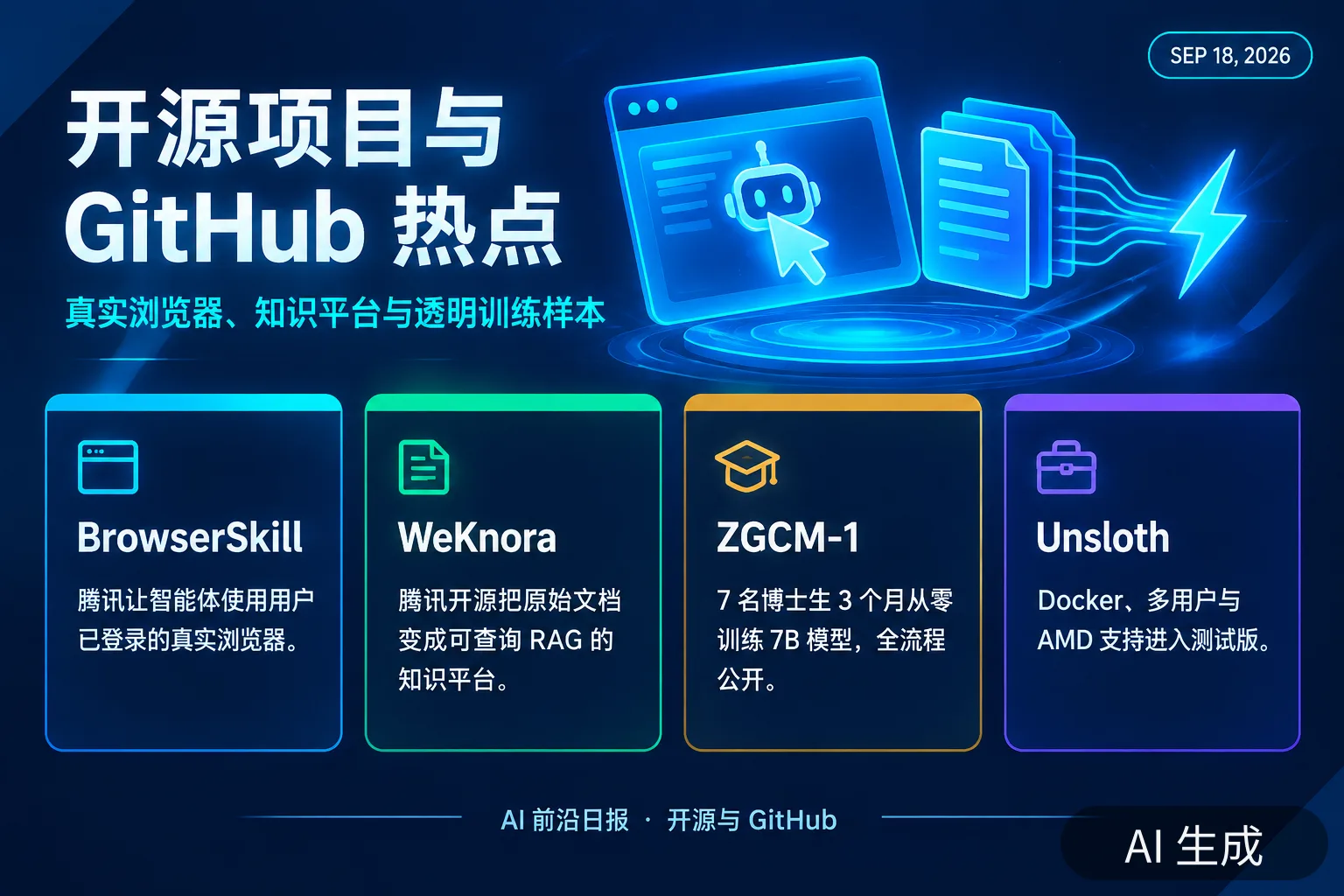 信息图:开源项目与 GitHub 热点——真实浏览器、知识平台与透明训练样本(AI 生成图,文字为当日报道要点)