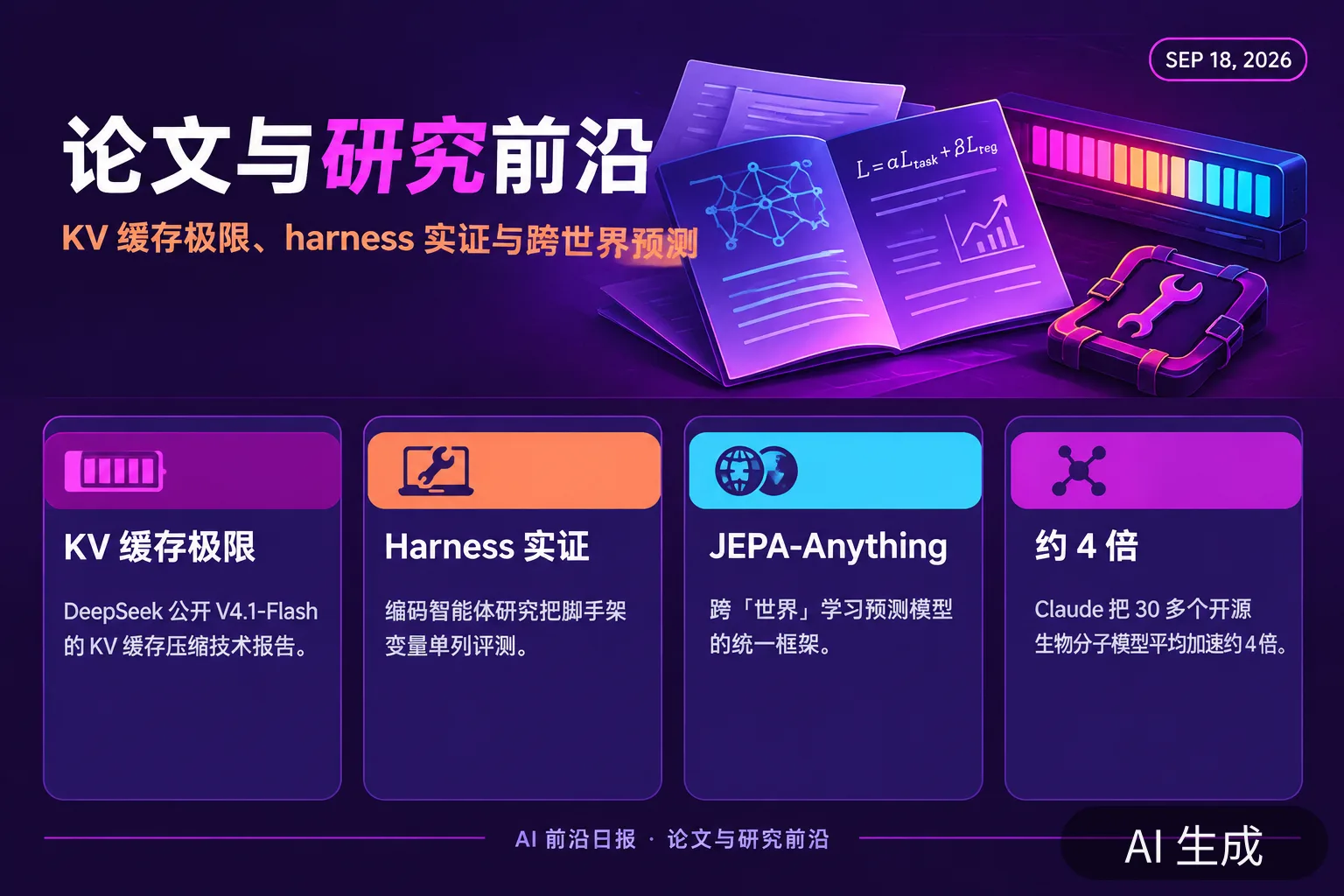 信息图:论文与研究前沿——KV 缓存极限、harness 实证与跨世界预测(AI 生成图,文字为当日报道要点)