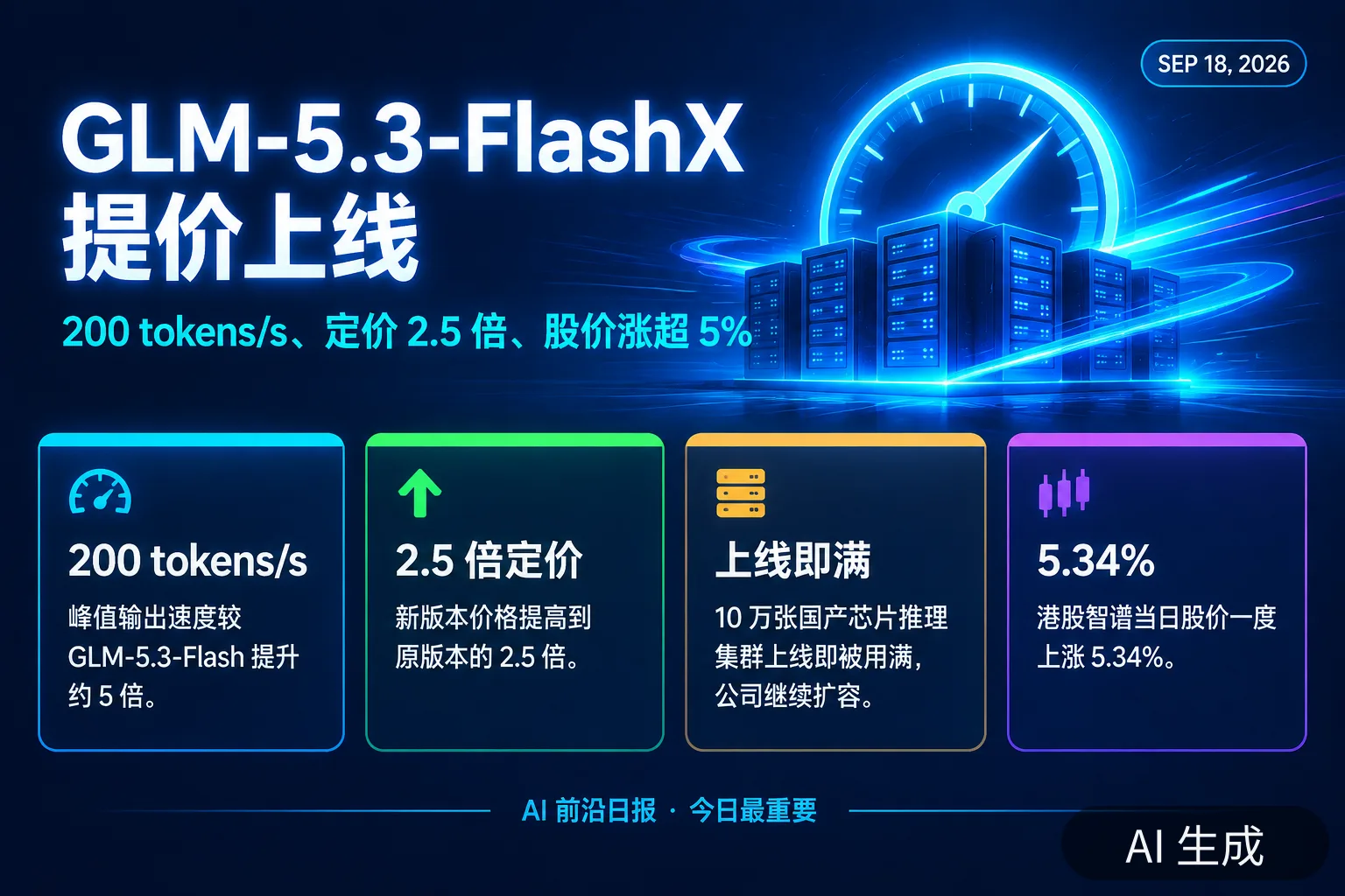 信息图:GLM-5.3-FlashX 提价上线——200 tokens/s、定价 2.5 倍、股价涨超 5%(AI 生成图,文字为当日报道要点)