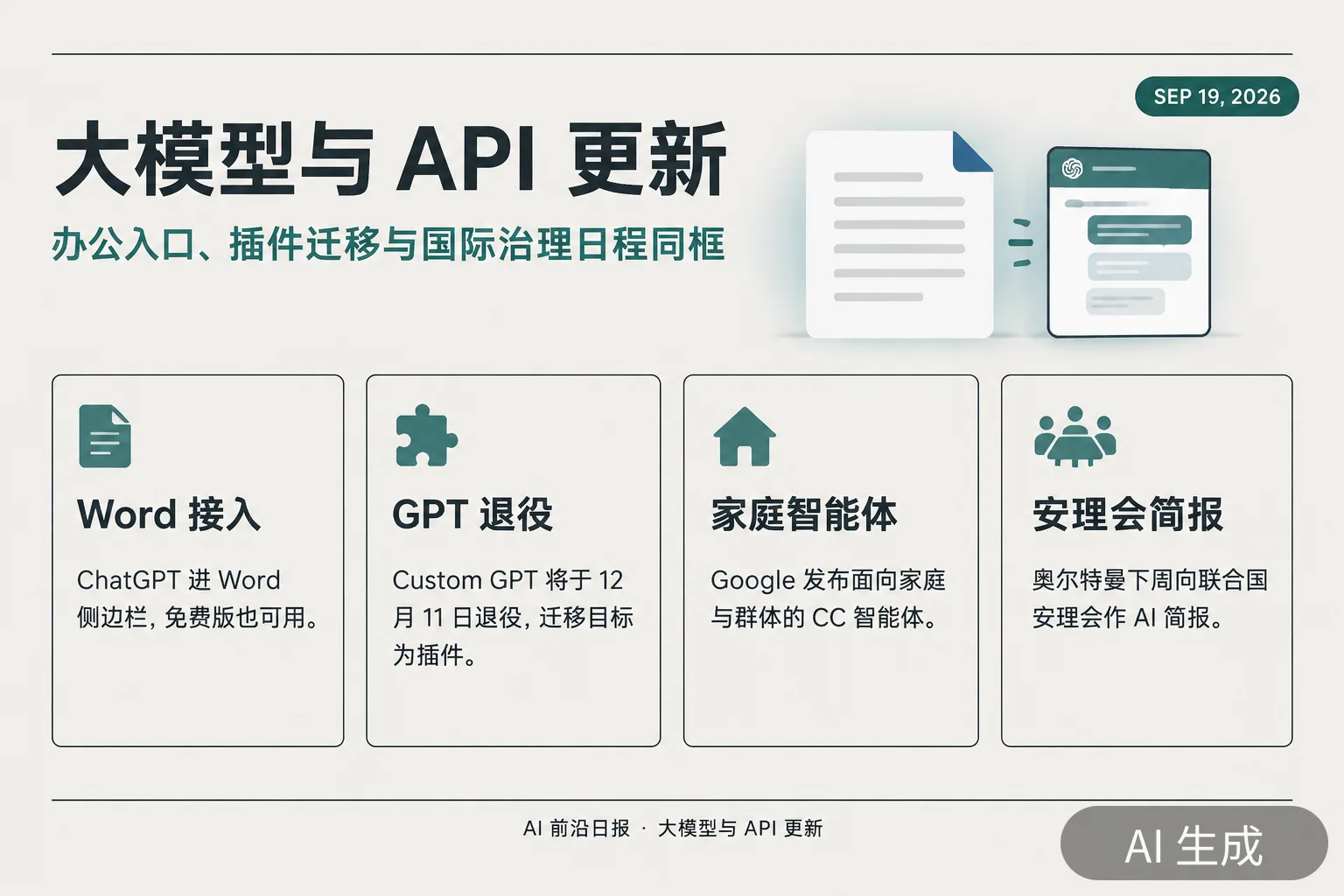 信息图:大模型与 API 更新——Word 接入 ChatGPT、Custom GPT 退役、安理会简报(AI 生成图,文字为当日报道要点)
