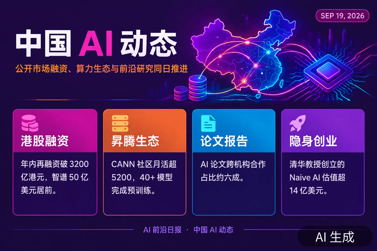 信息图:中国 AI 动态——港股再融资、昇腾生态与隐身创业公司(AI 生成图,文字为当日报道要点)