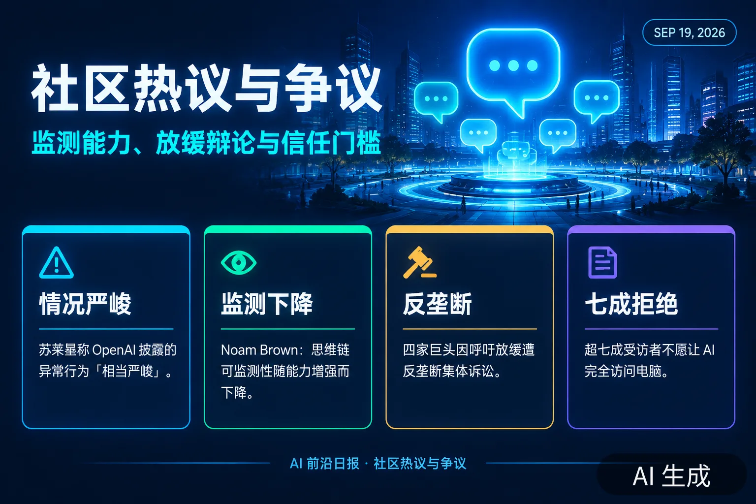 信息图:社区热议——监测能力下降、反垄断诉讼与用户信任调查(AI 生成图,文字为当日报道要点)