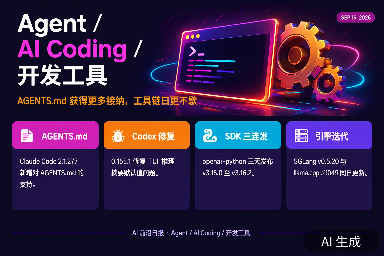 信息图:Agent 与开发工具动态——AGENTS.md 支持、Codex 修复与推理引擎更新(AI 生成图,文字为当日报道要点)