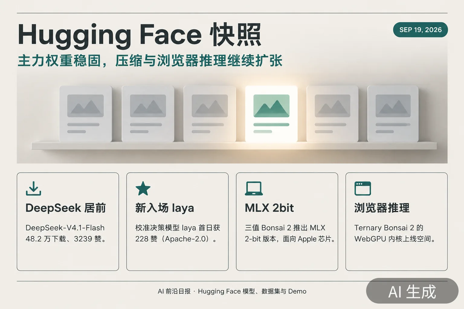 信息图:Hugging Face 趋势榜快照——DeepSeek 居前、laya 新入场、MLX 2bit 上线(AI 生成图,文字为当日报道要点)