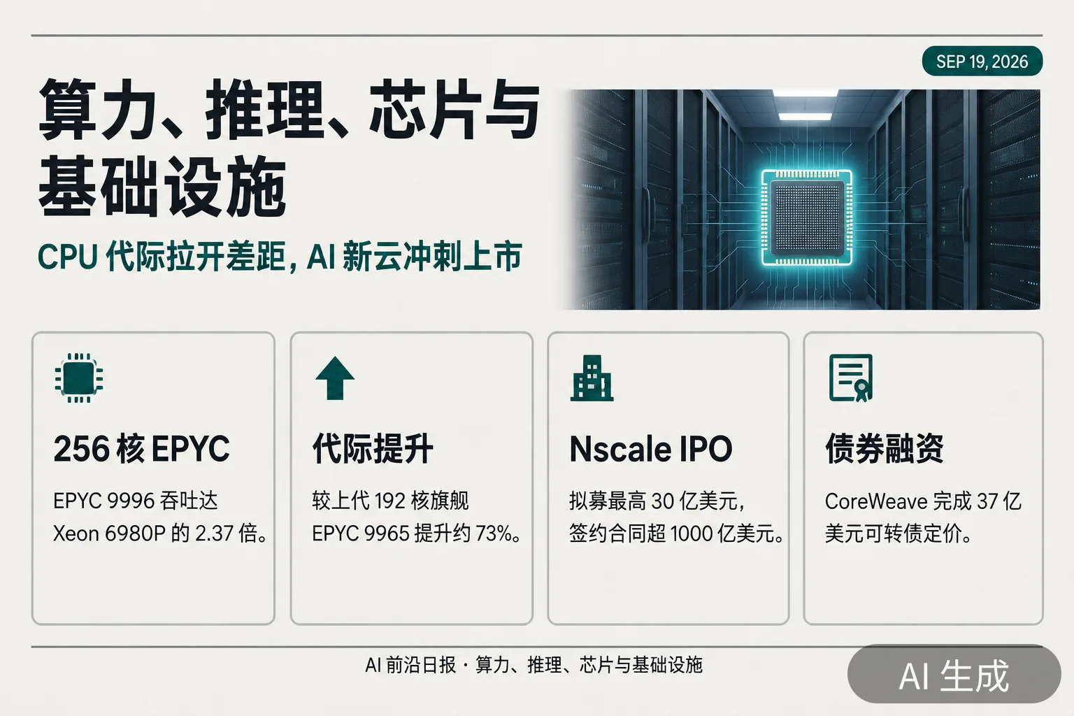 信息图:算力与基础设施——AMD 256 核 EPYC、Nscale IPO 与 CoreWeave 债券(AI 生成图,文字为当日报道要点)