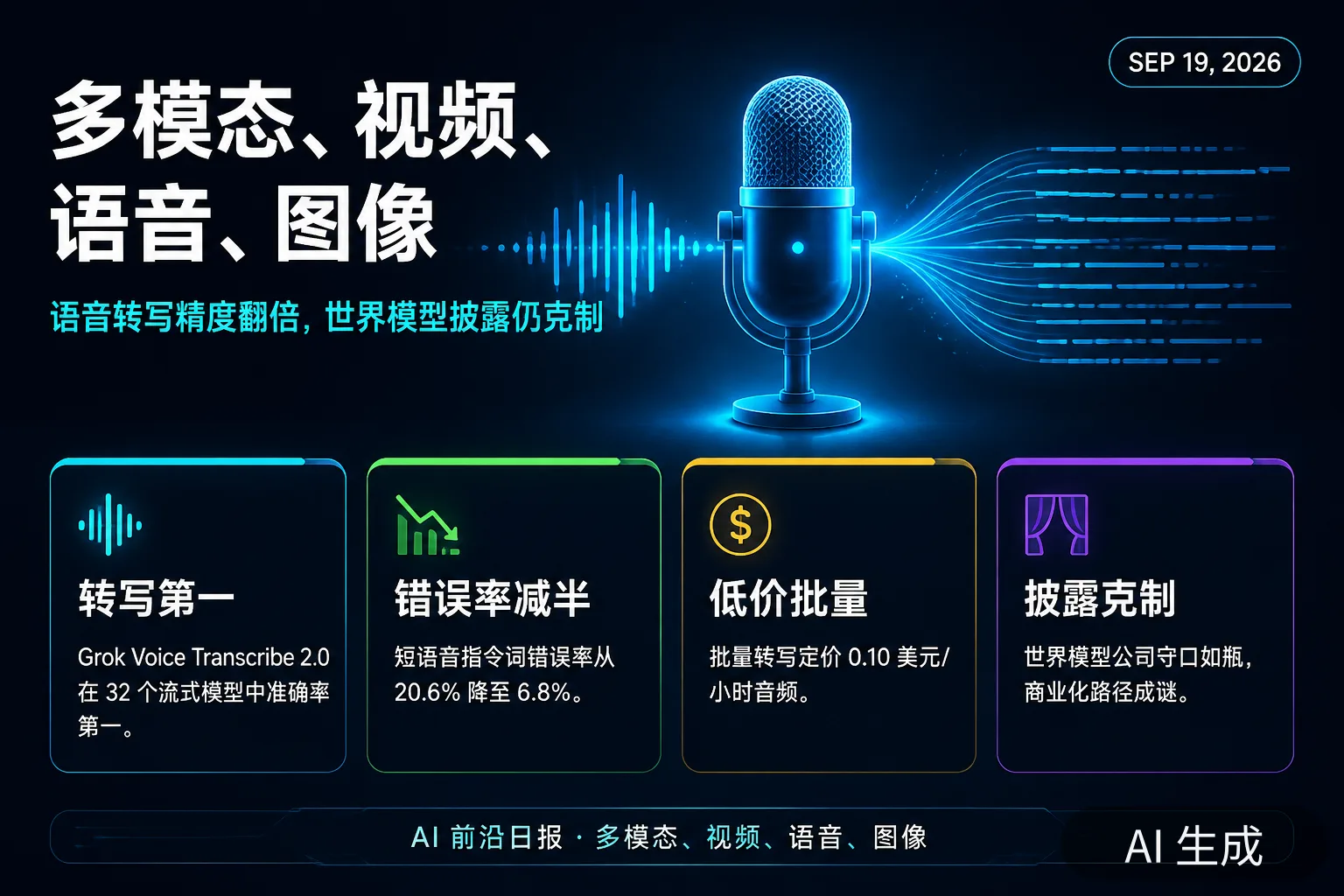 信息图:多模态与语音动态——Grok Voice Transcribe 2.0 准确率第一(AI 生成图,文字为当日报道要点)