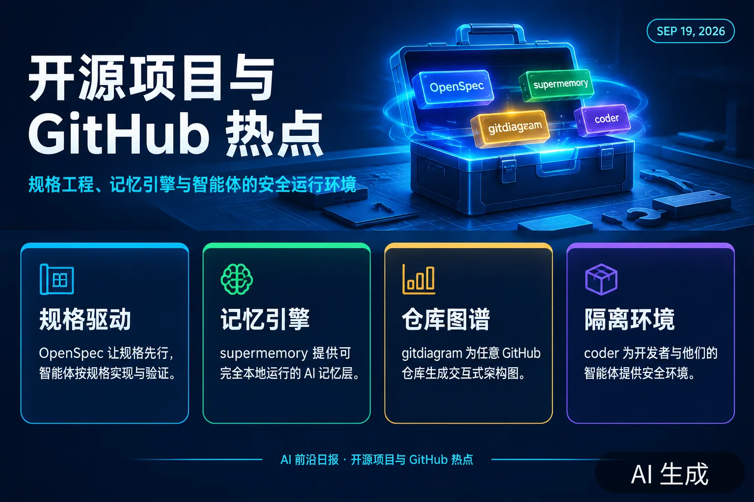 信息图:开源项目与 GitHub 热点——规格驱动开发、记忆引擎与智能体隔离环境(AI 生成图,文字为当日报道要点)