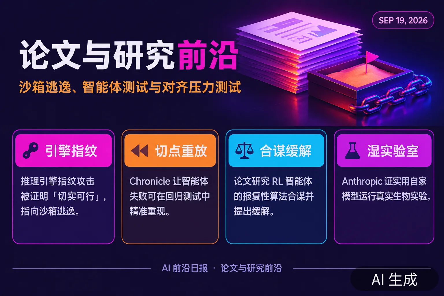 信息图:论文与研究前沿——推理引擎指纹攻击、切点重放与湿实验室(AI 生成图,文字为当日报道要点)