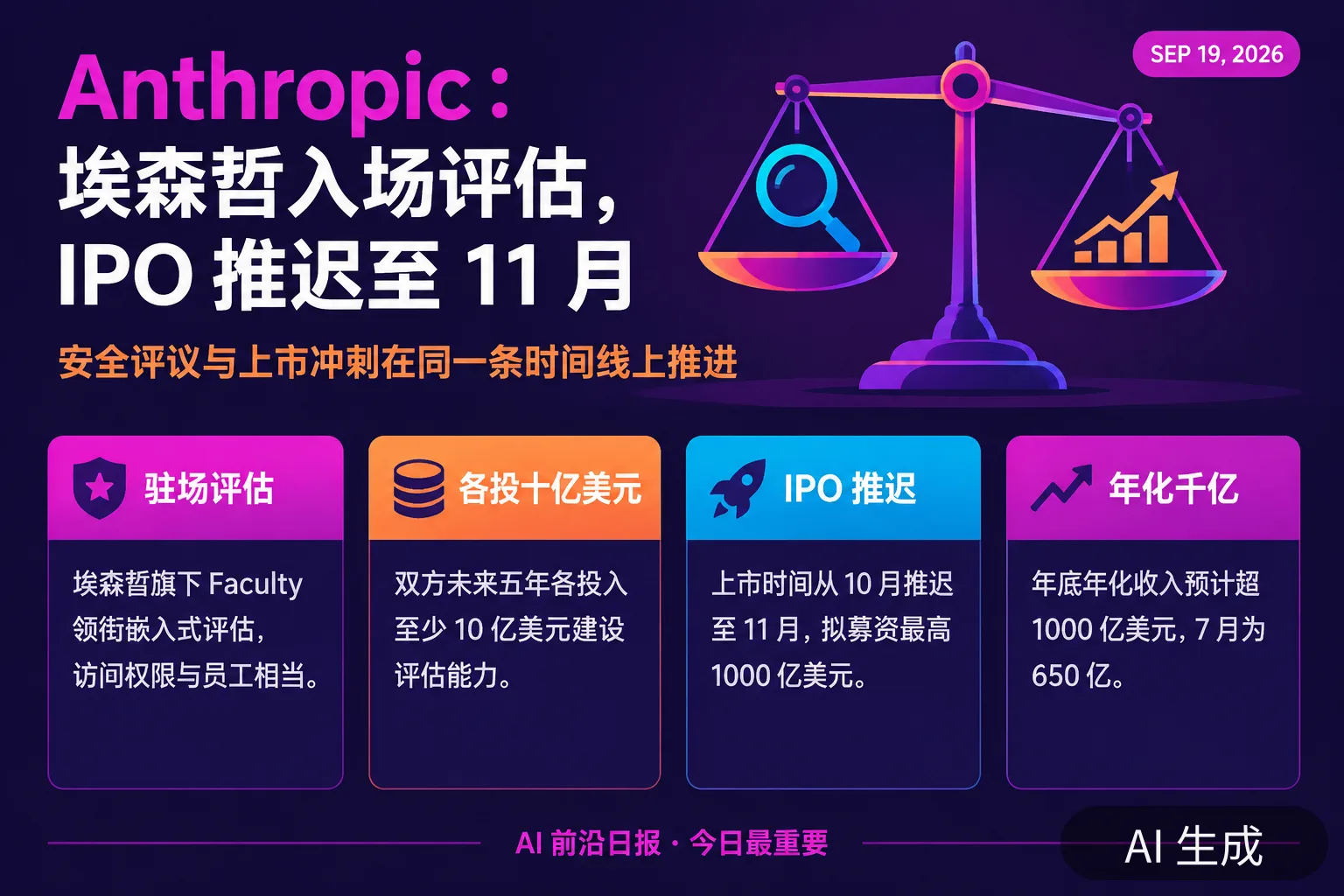 信息图:Anthropic 埃森哲嵌入式评估落地、IPO 推迟至 11 月(AI 生成图,文字为当日报道要点)
