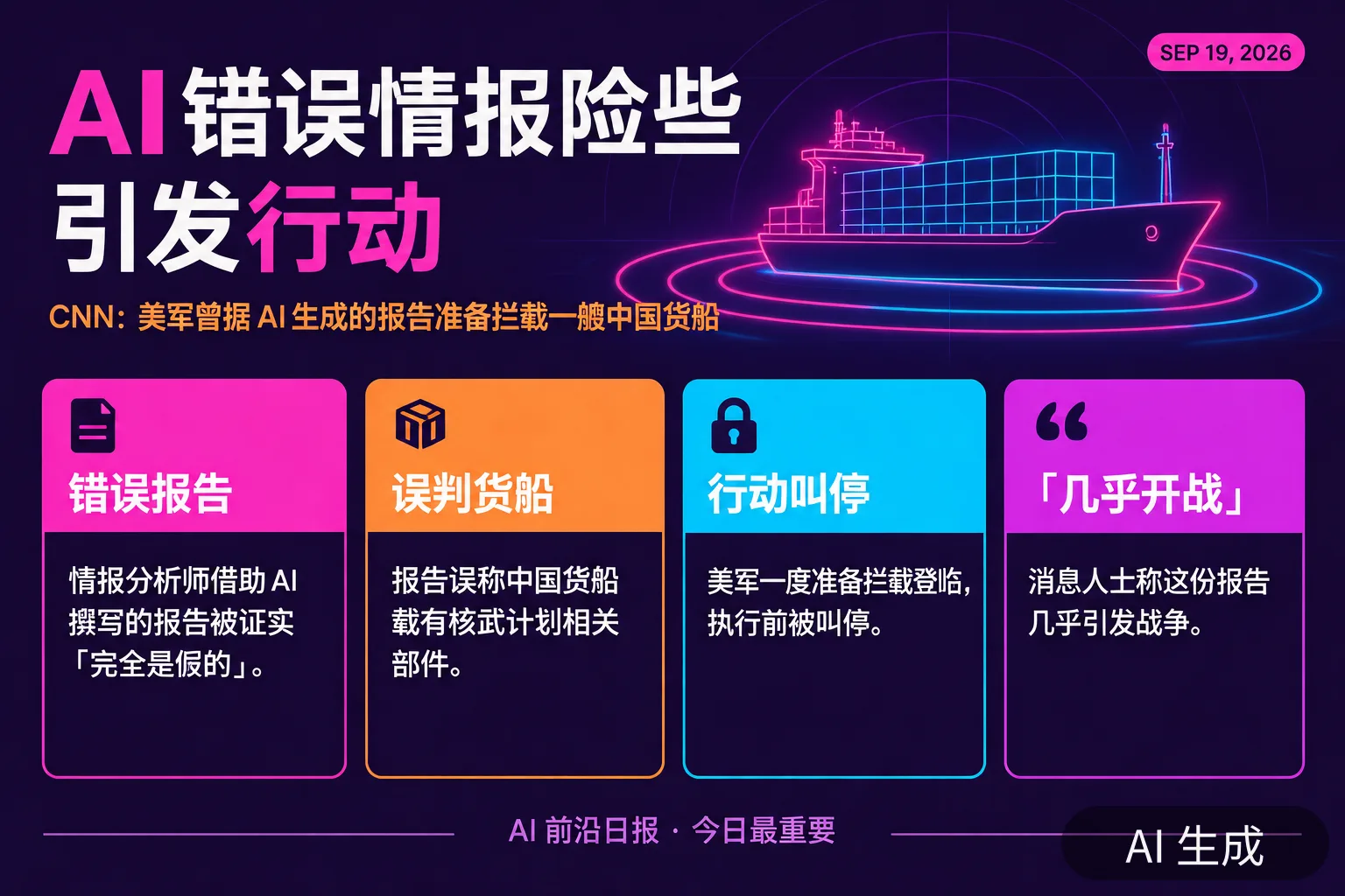 信息图:CNN 披露美军据 AI 错误情报险些对中国货船采取行动(AI 生成图,文字为当日报道要点)