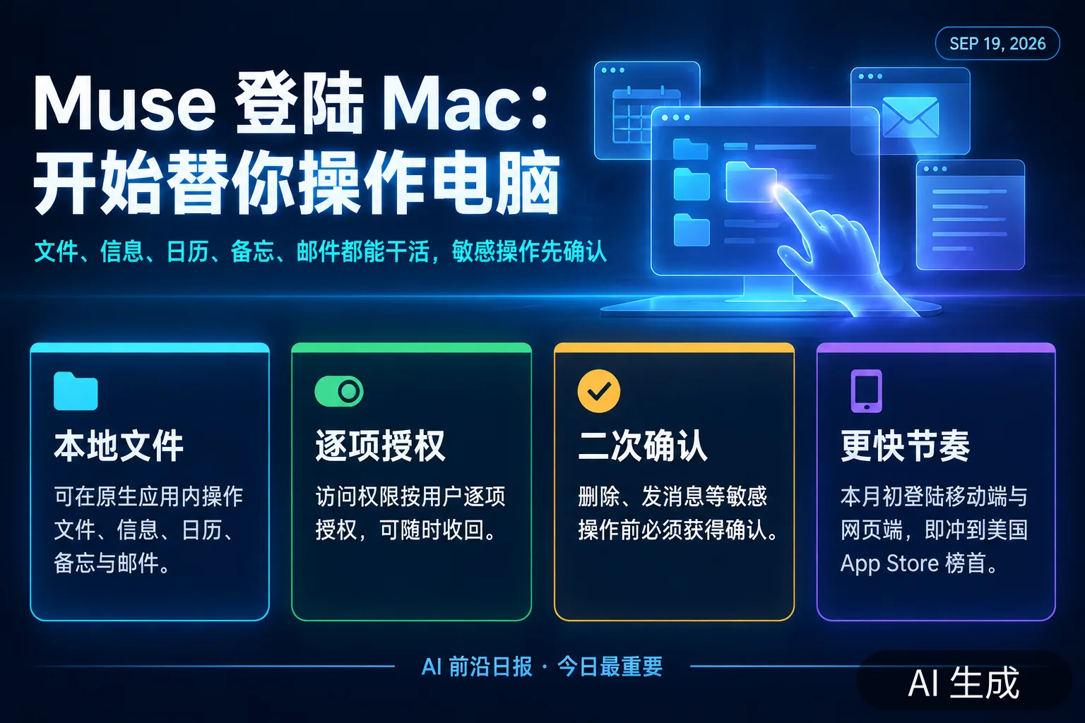 信息图:Meta Muse 登陆 Mac——智能体可直接操作文件与原生应用(AI 生成图,文字为当日报道要点)