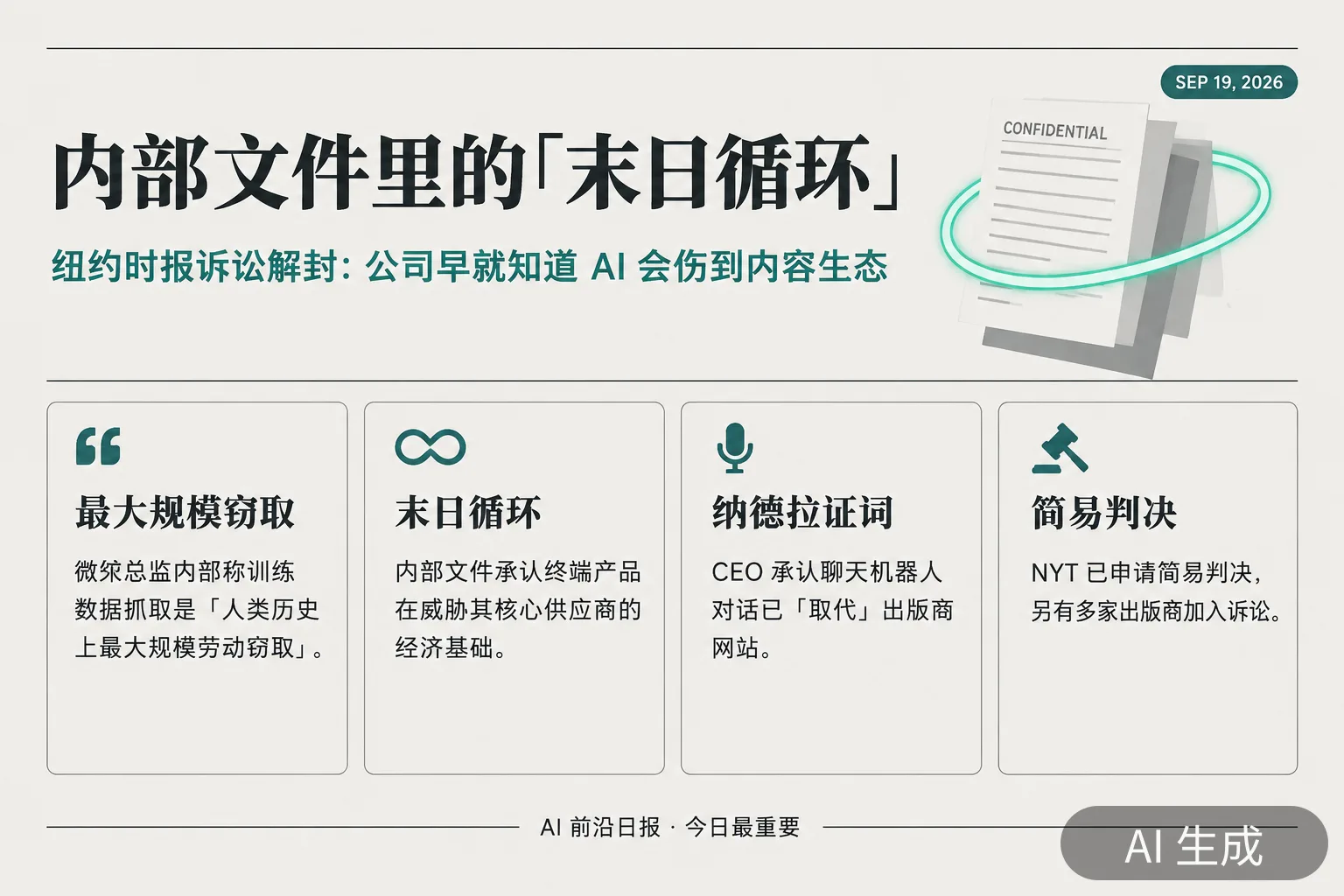 信息图:纽约时报诉讼解封文件——「末日循环」与「最大规模劳动窃取」(AI 生成图,文字为当日报道要点)