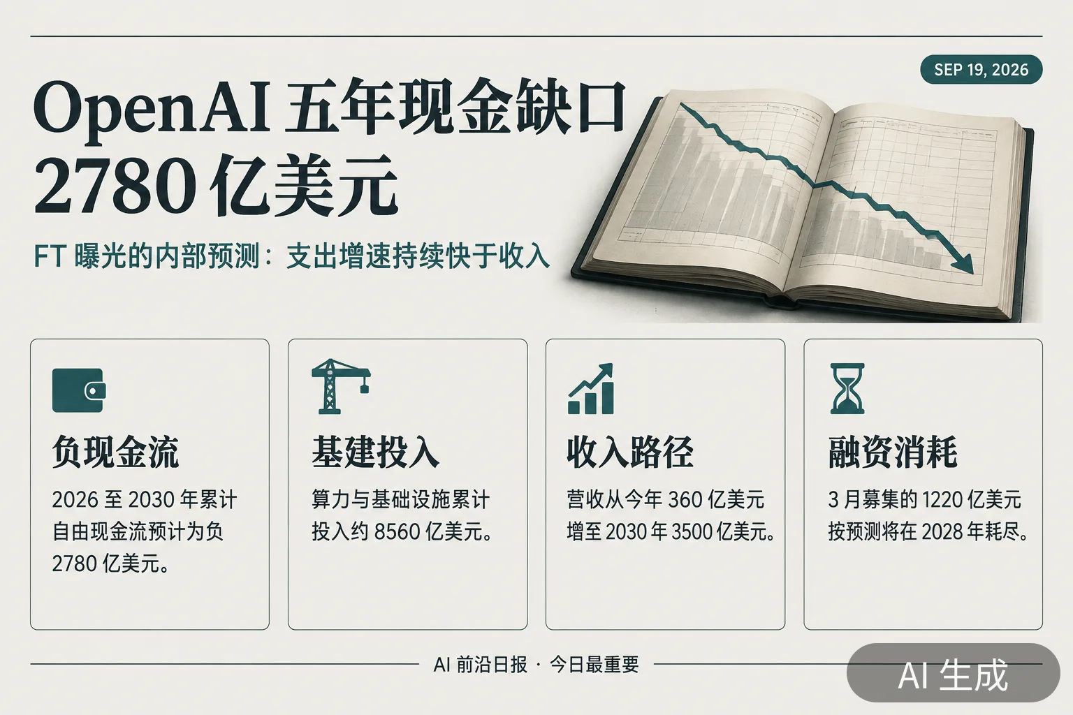 信息图:OpenAI 内部预测五年负现金流 2780 亿美元、基建投入 8560 亿美元(AI 生成图,文字为当日报道要点)
