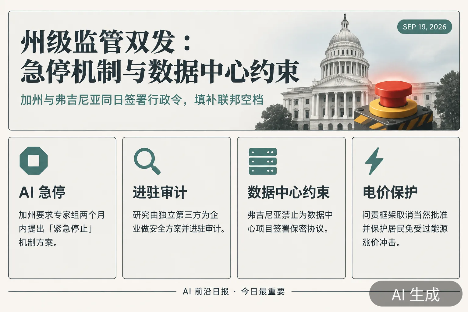 信息图:加州 AI「紧急停止」行政令与弗吉尼亚数据中心约束同日落地(AI 生成图,文字为当日报道要点)