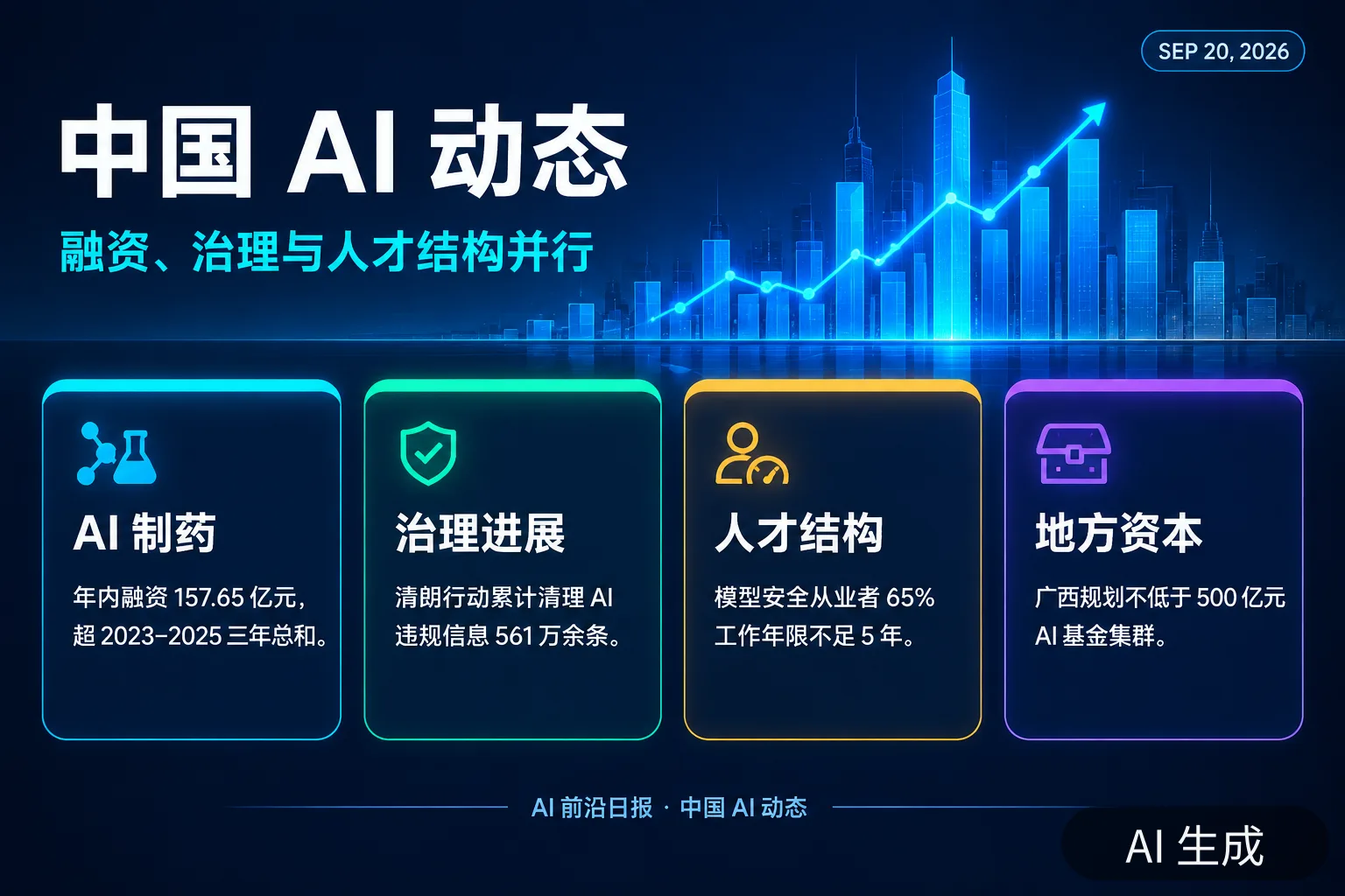 信息图:中国 AI 动态——融资、治理与人才结构并行(AI 生成图,文字为当日报道要点)