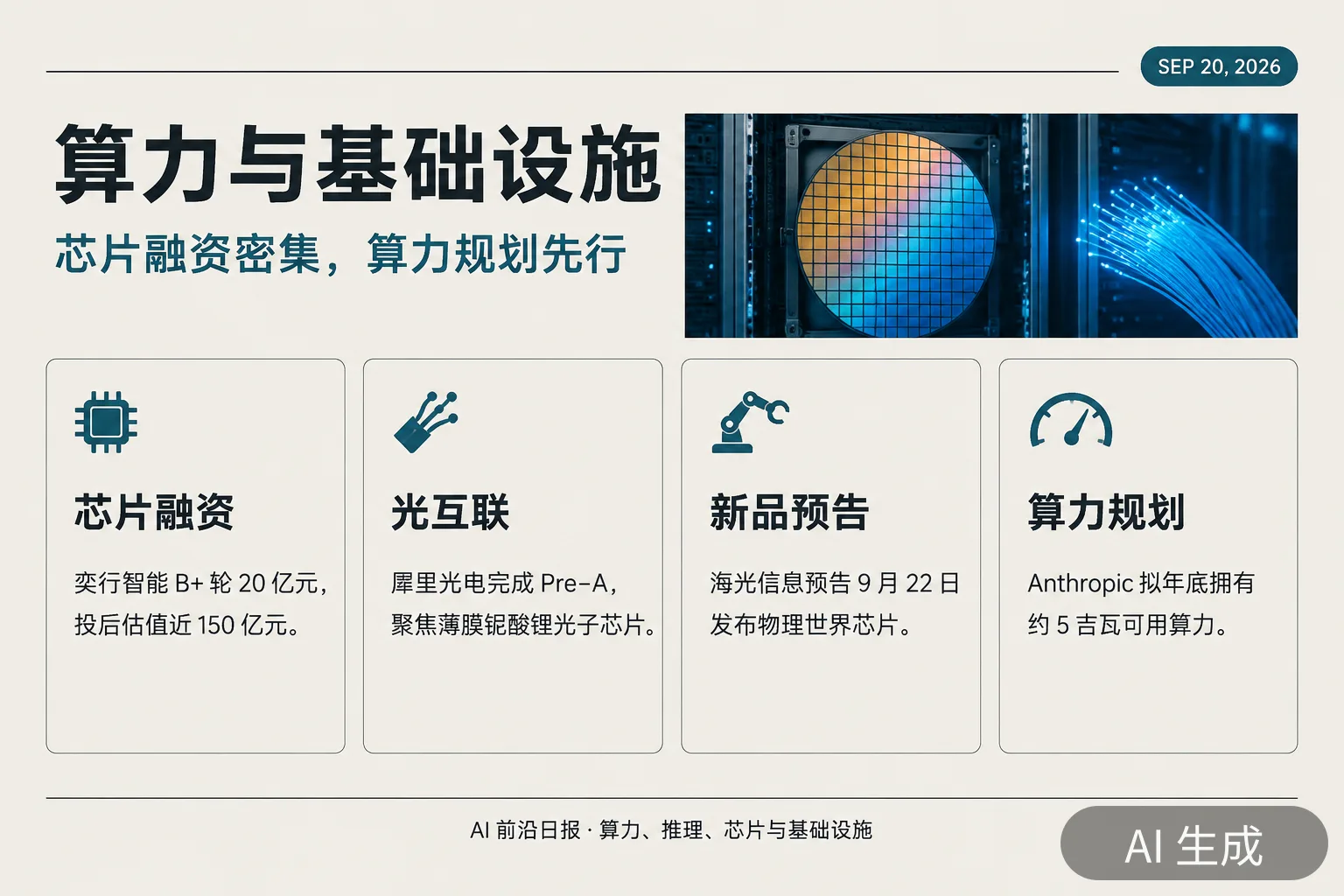 信息图:算力与基础设施——芯片融资密集、算力规划先行(AI 生成图,文字为当日报道要点)