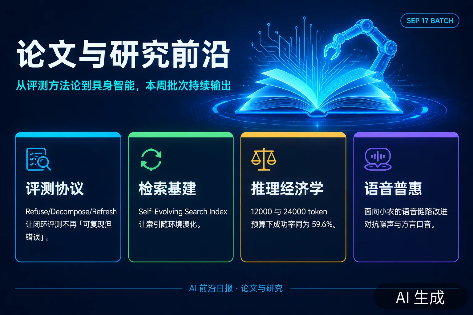 信息图:论文与研究前沿——评测协议、自演化索引与具身智能工作(AI 生成图,文字为当日报道要点)