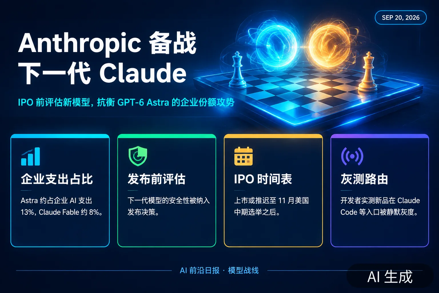 信息图:Anthropic 备战下一代 Claude——IPO 前评估新模型抗衡 GPT-6 Astra(AI 生成图,文字为当日报道要点)