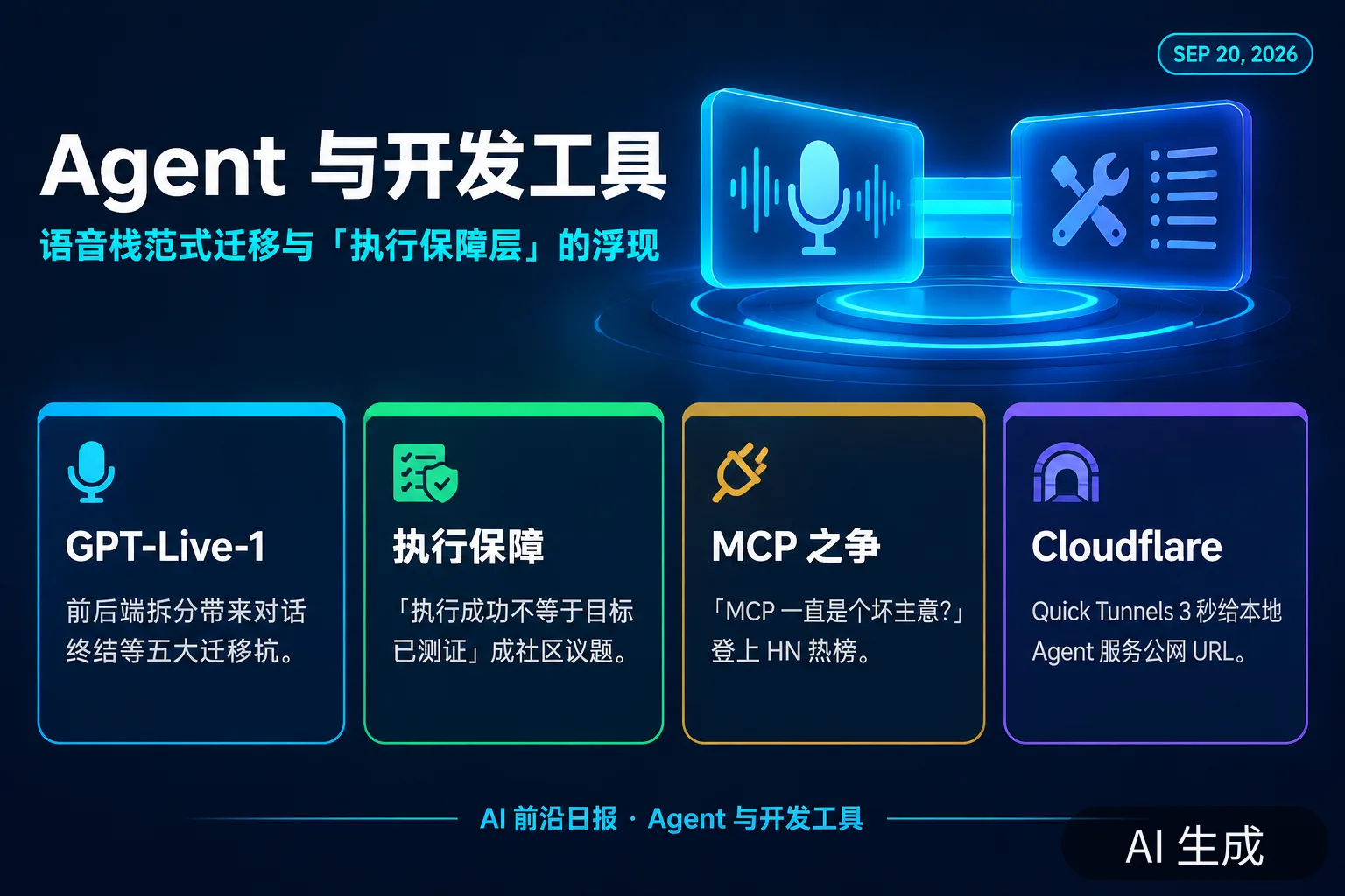 信息图:Agent 与开发工具——语音栈范式迁移与「执行保障层」的浮现(AI 生成图,文字为当日报道要点)