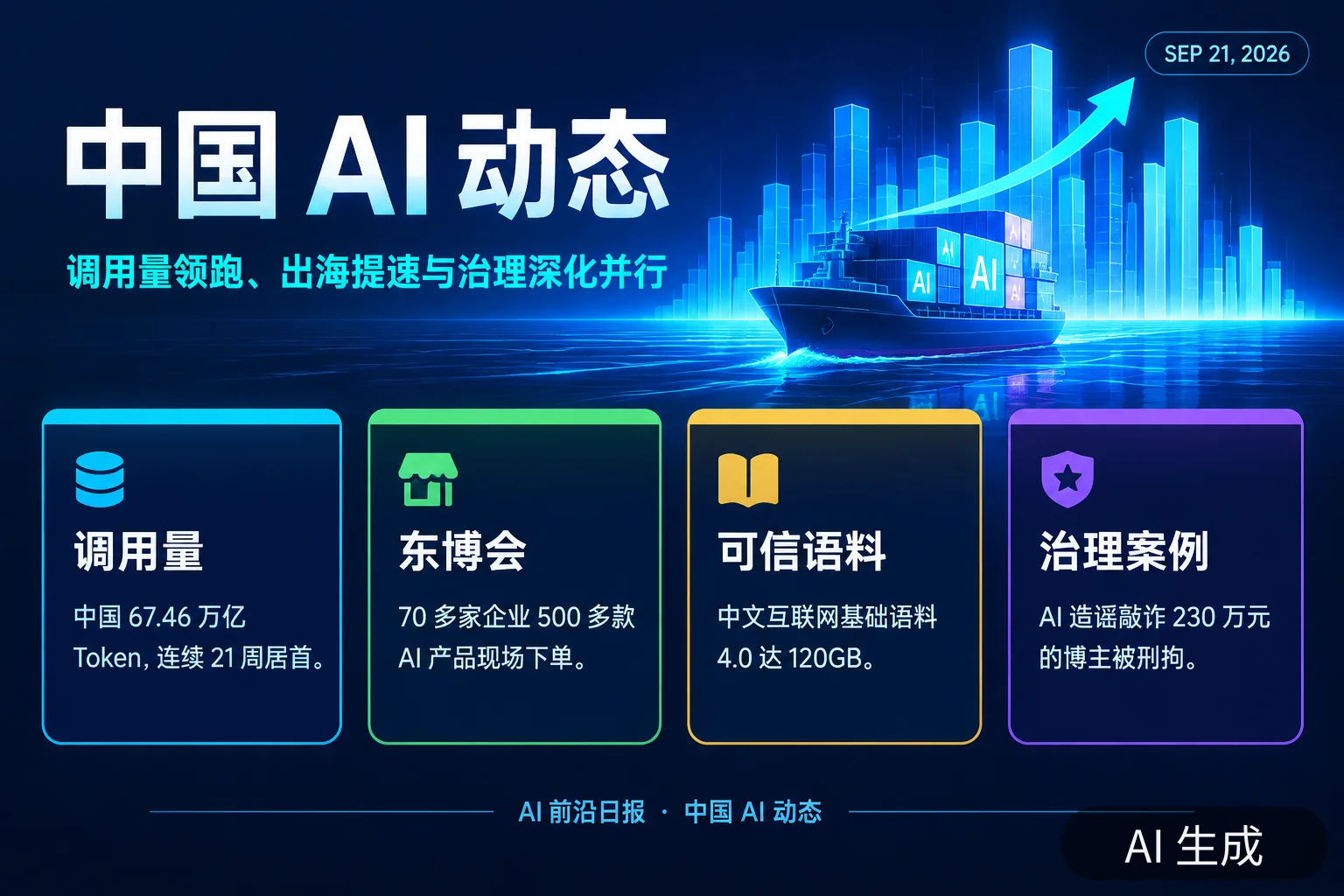 信息图:中国 AI 动态——调用量领跑、出海提速与治理深化并行(AI 生成图,文字为当日报道要点)