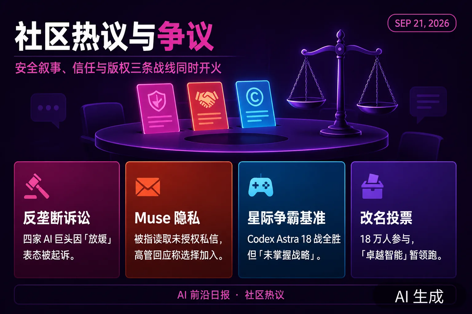 信息图:社区热议与争议——安全叙事、信任与版权三条战线同时开火(AI 生成图,文字为当日报道要点)