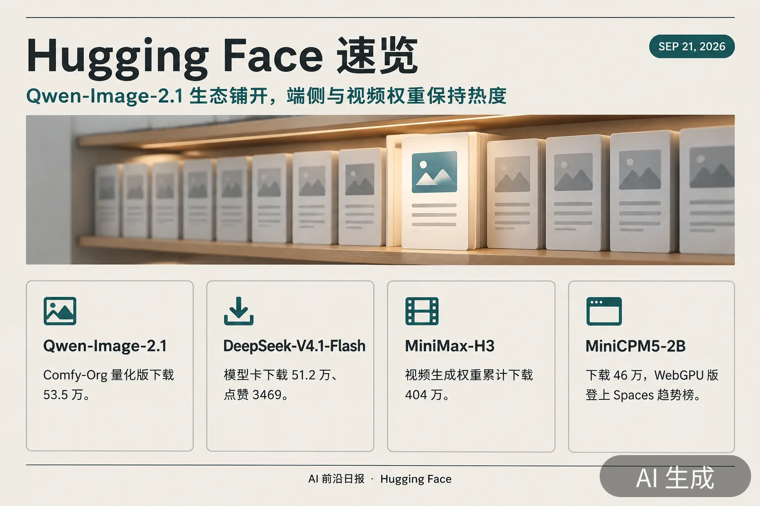 信息图:Hugging Face 速览——Qwen-Image-2.1 生态铺开,端侧与视频权重保持热度(AI 生成图,文字为当日报道要点)