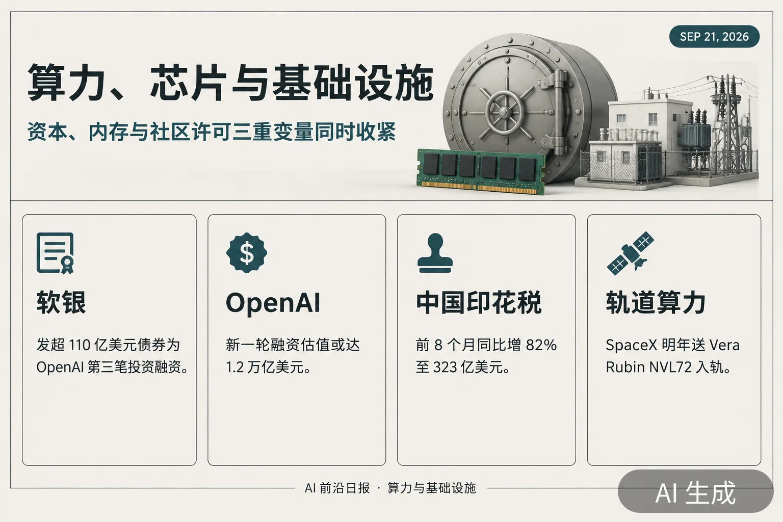 信息图:算力、芯片与基础设施——资本、内存与社区许可三重变量同时收紧(AI 生成图,文字为当日报道要点)