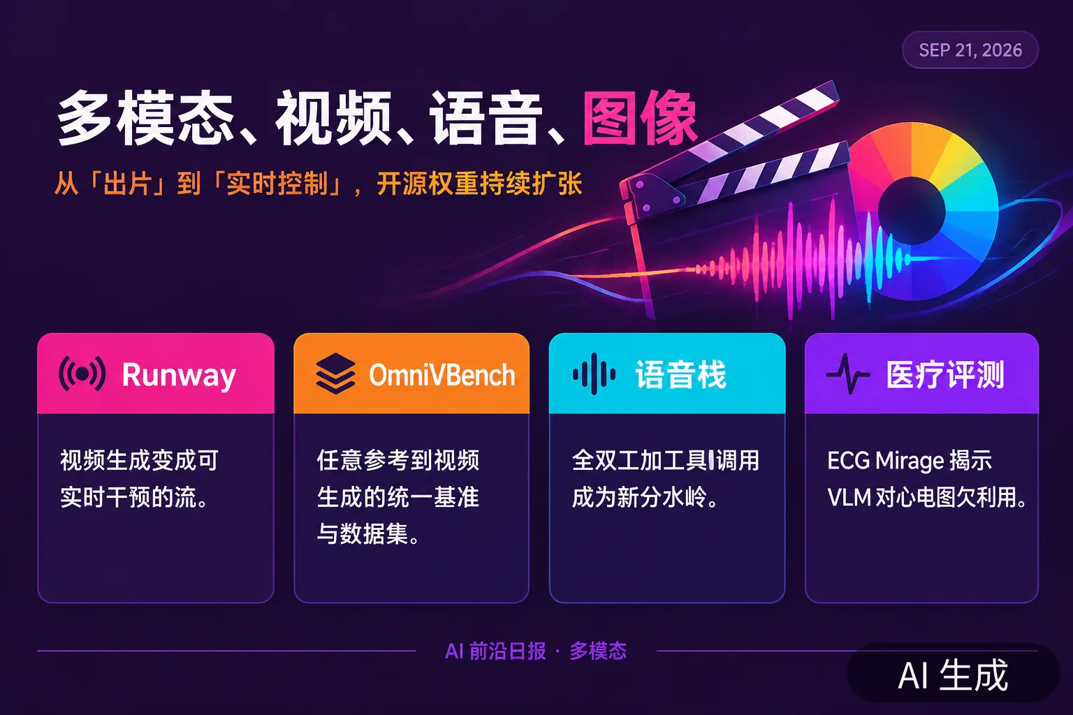 信息图:多模态、视频、语音、图像——从「出片」到「实时控制」,开源权重持续扩张(AI 生成图,文字为当日报道要点)
