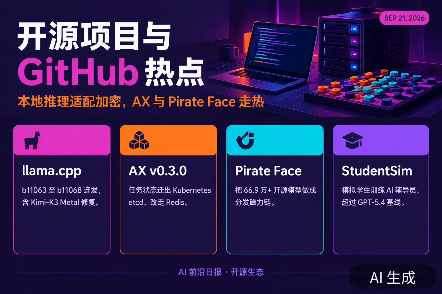 信息图:开源项目与 GitHub 热点——本地推理适配加密,AX 与 Pirate Face 走热(AI 生成图,文字为当日报道要点)